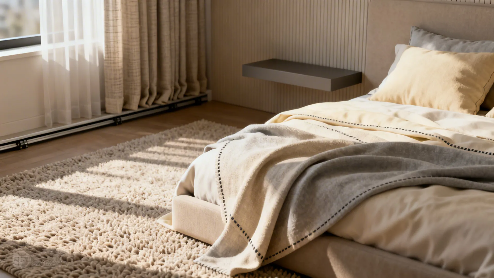 Textile details: rug, sheer curtain, wallpapered headboard and layered bedding in a small bedroom zone.