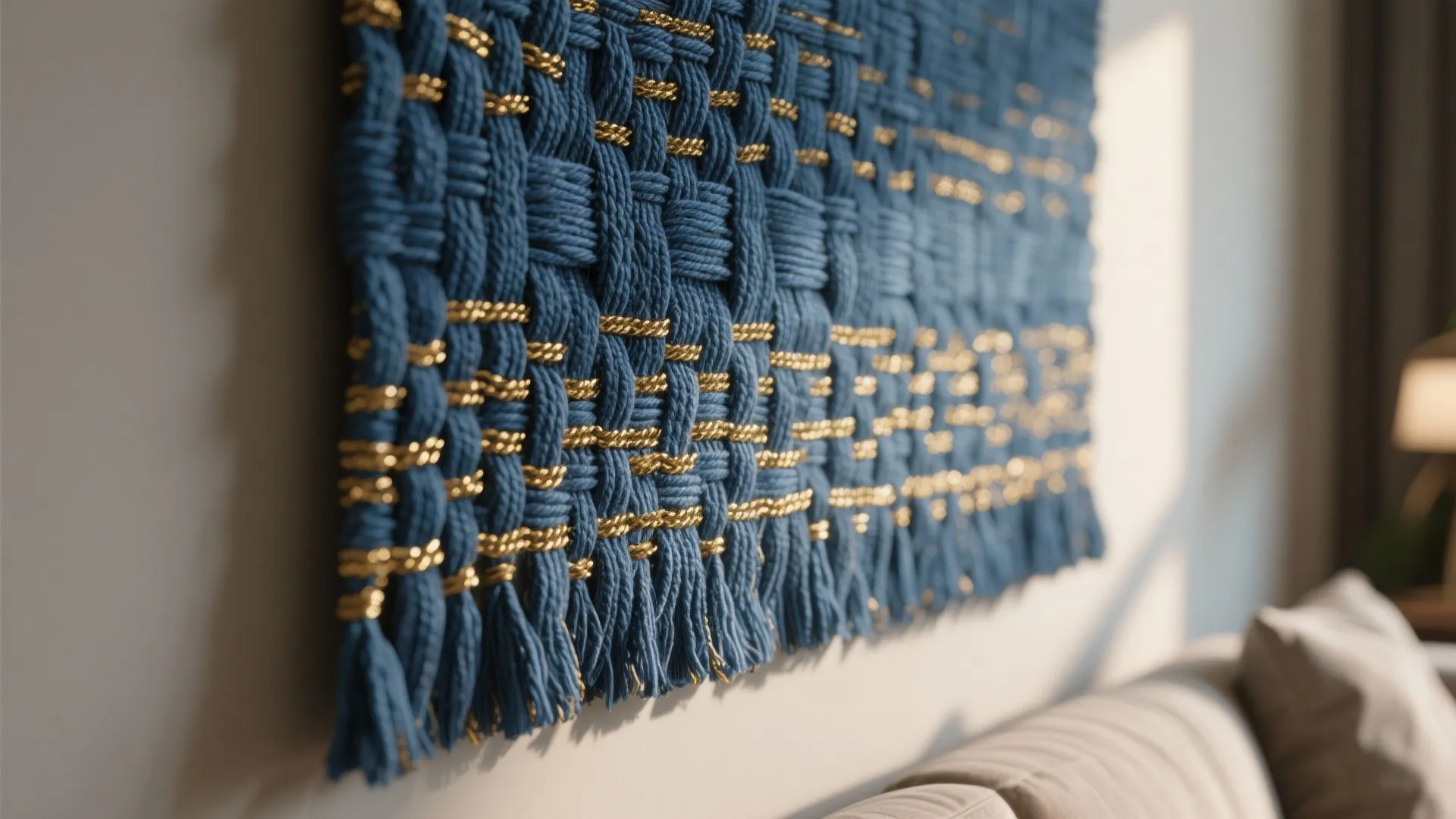 4. Blue Toned Textile Art with Gold Threading