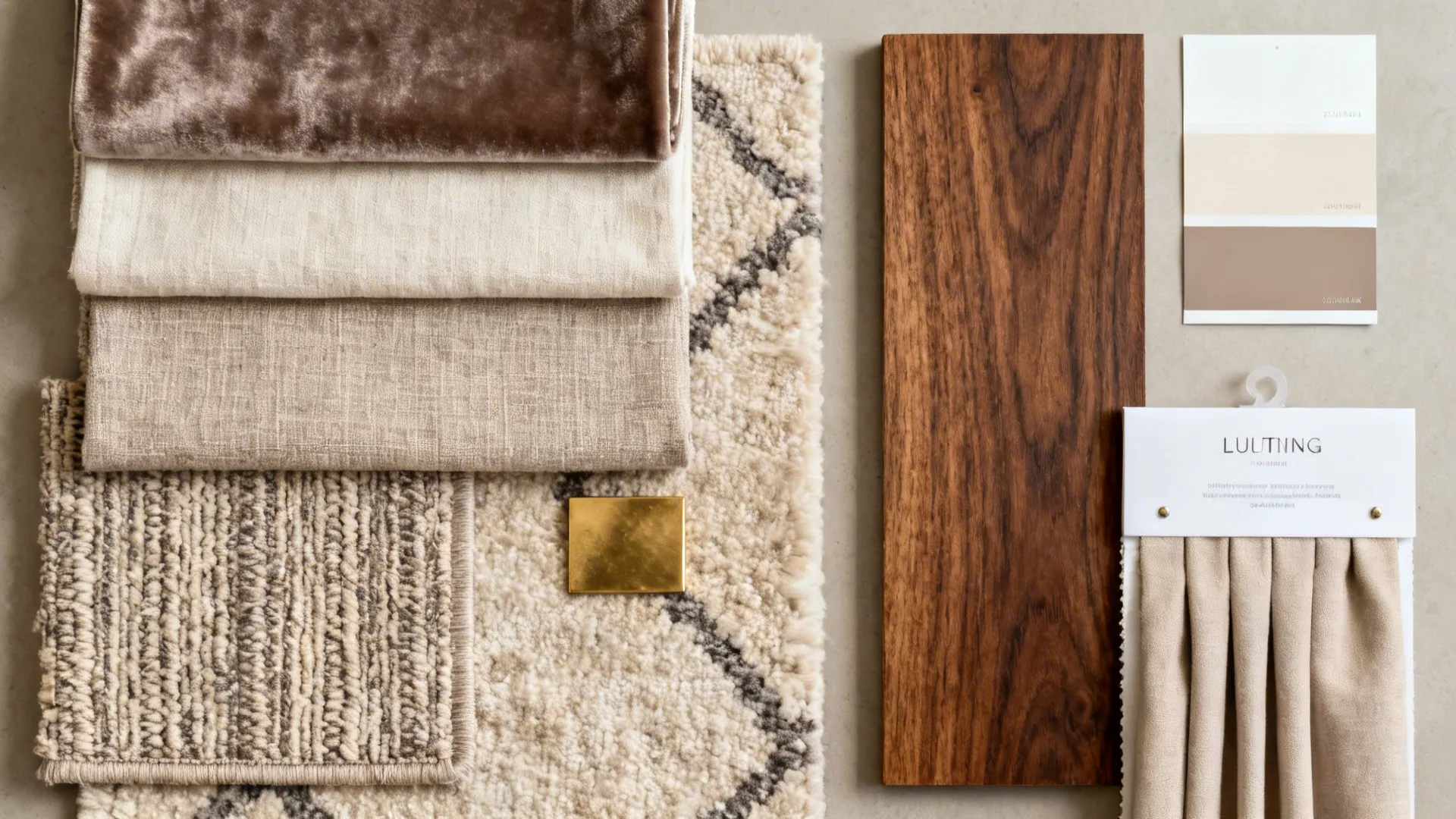 Flat lay of velvet, linen, chenille, wool rug swatches with brass and walnut samples.