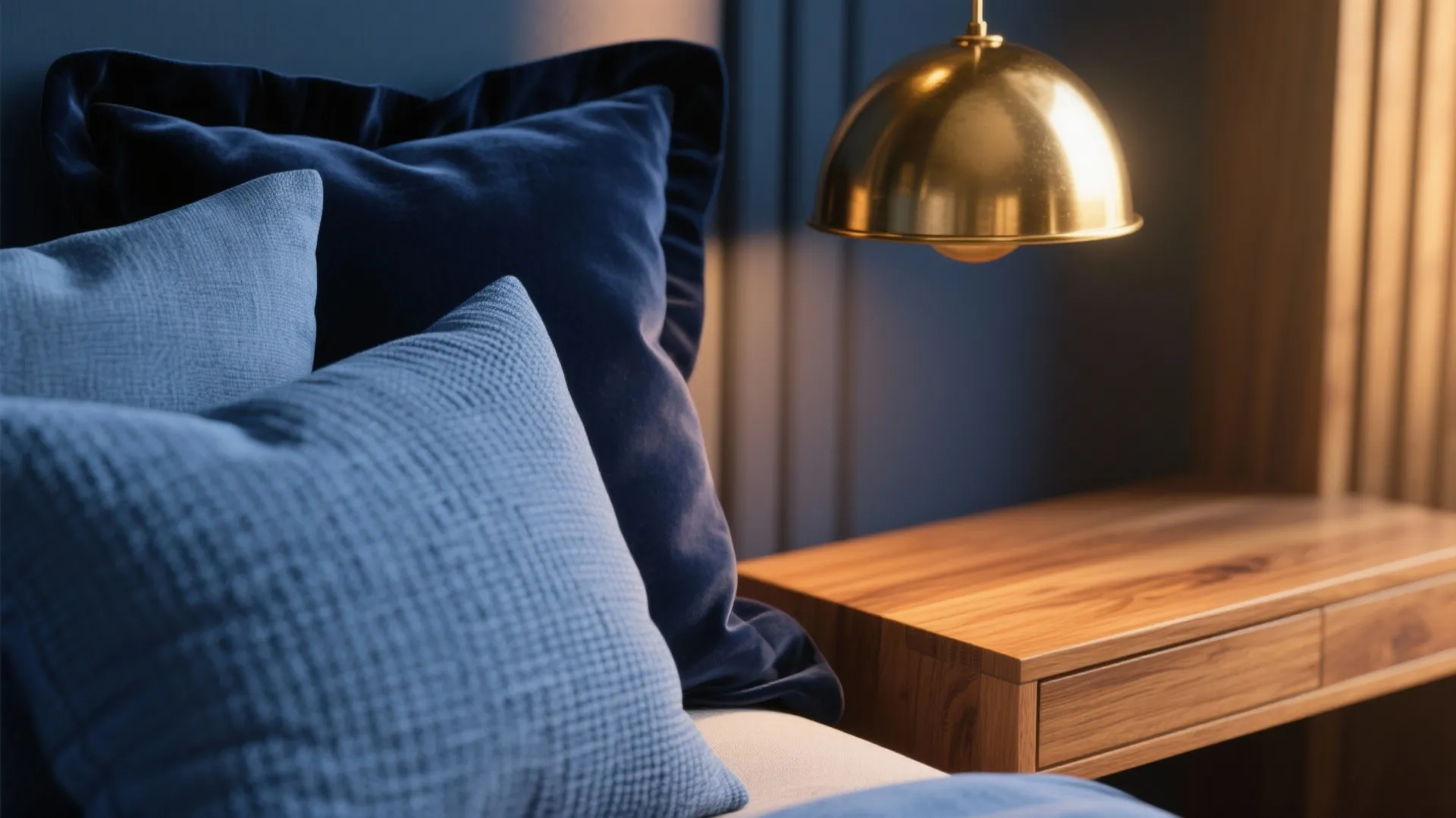 Blue pillows on bed near wooden table with gold ceiling light and dark blue wall