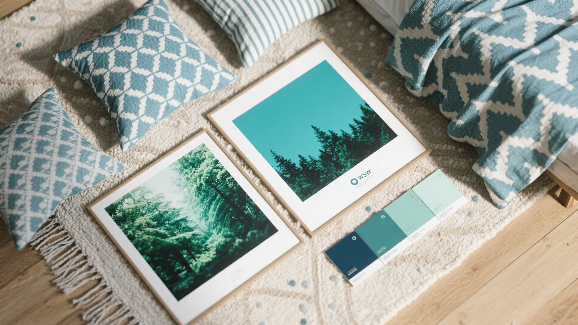 Two framed nature pictures on a patterned rug with blue pillows and a color palette