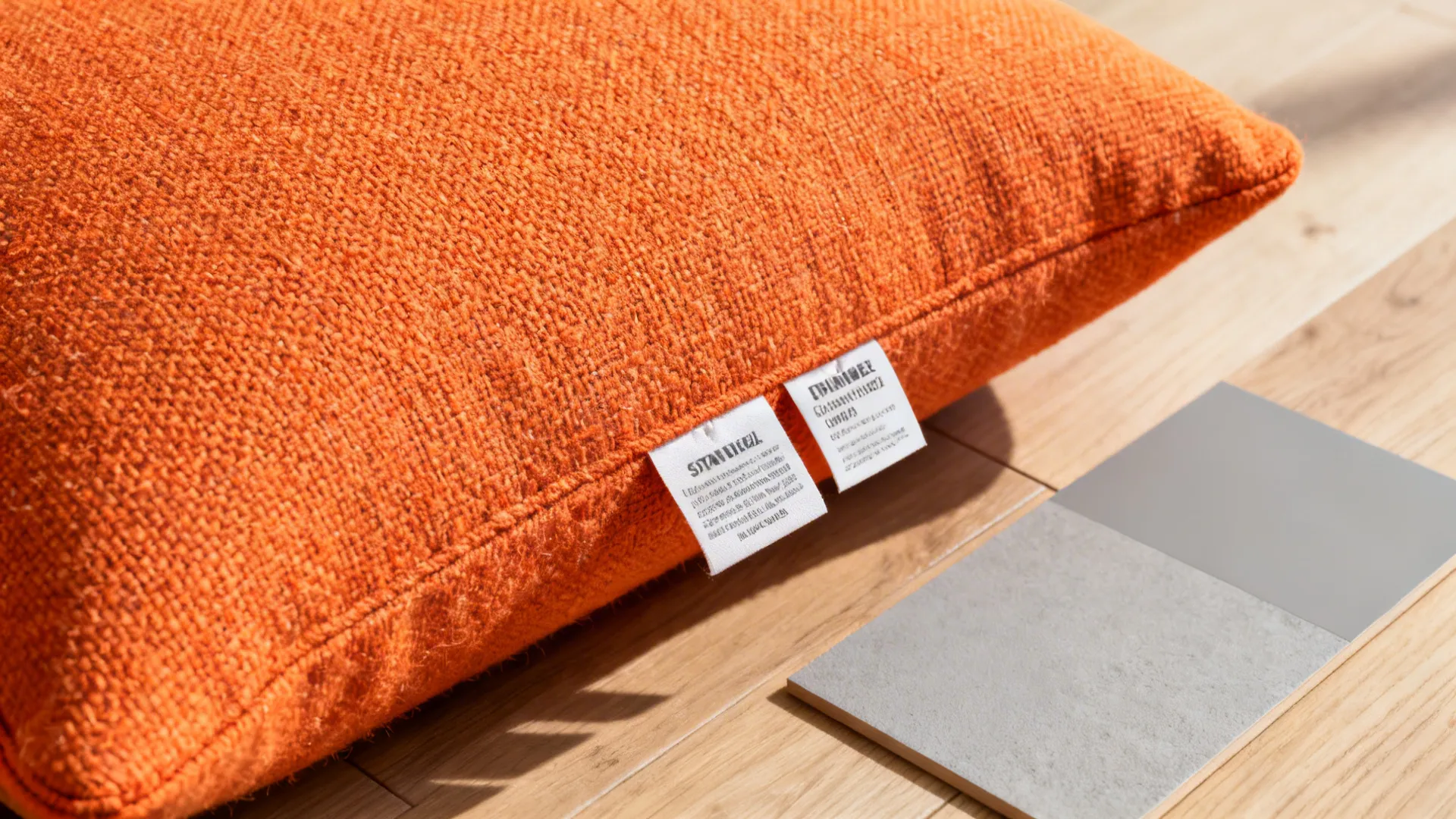 Close-up of washable orange cushion fabric and grey swatch illustrating maintenance tips.