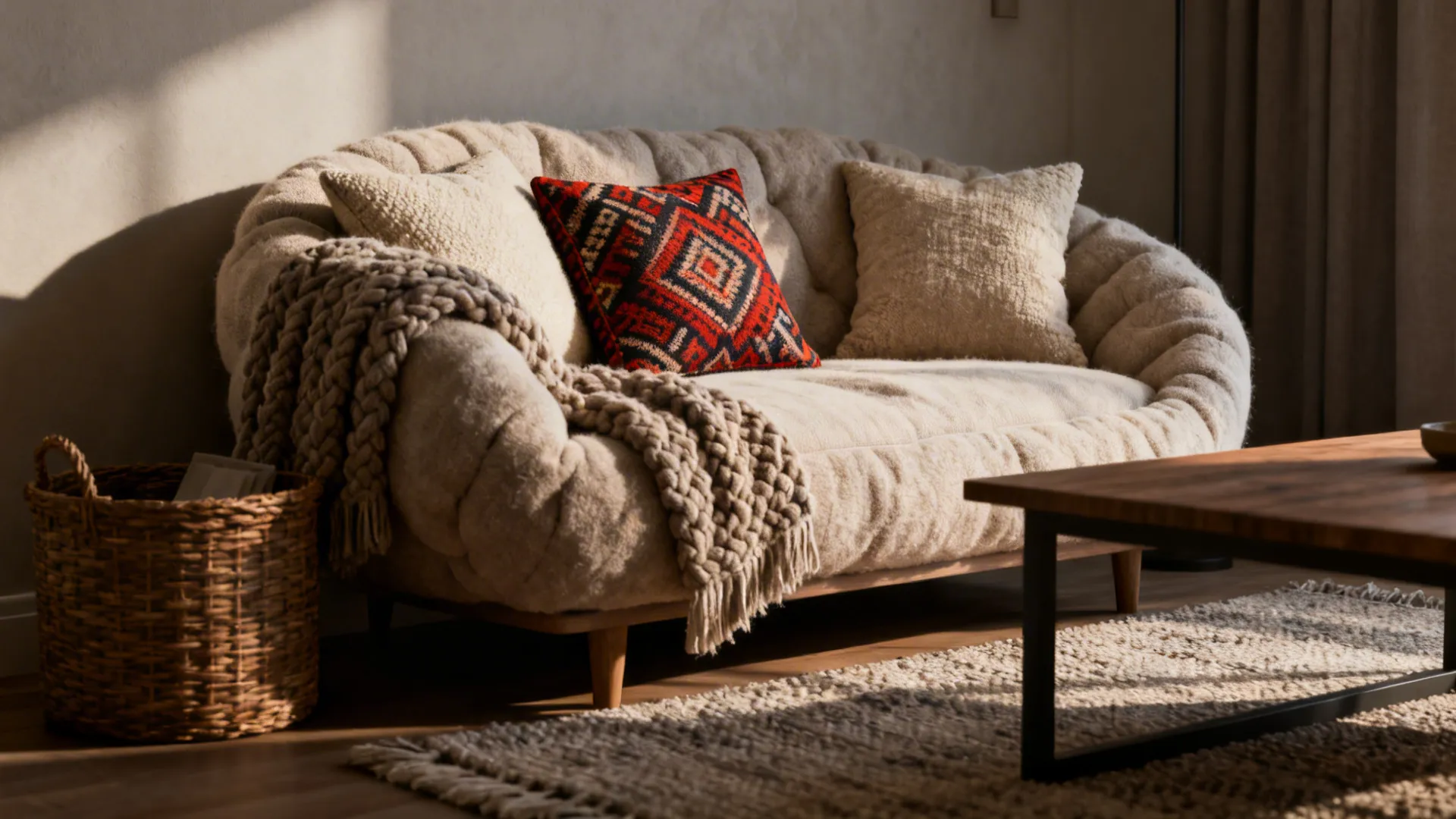 Sofa styled with throws, plush pillows, a textured rug, and a woven basket for storage, creating a cozy cocoon.