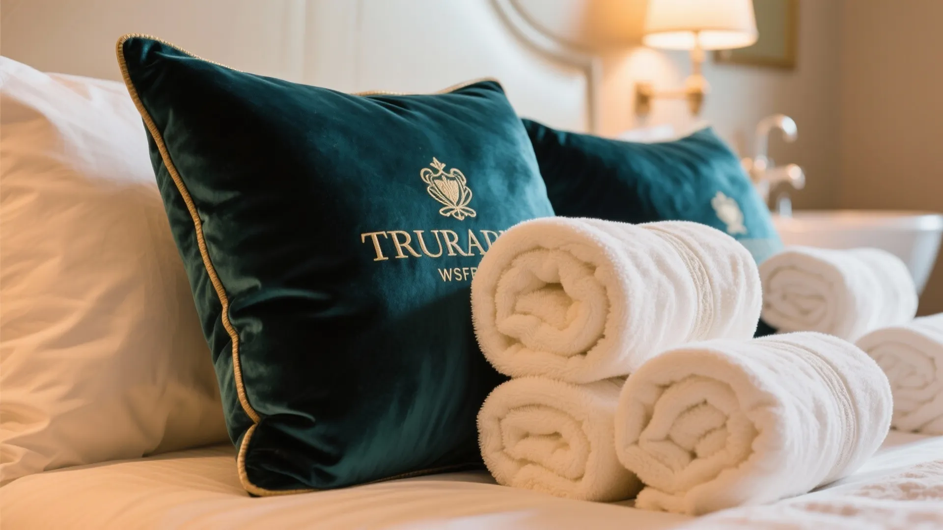 Close up of dark green velvet pillows and white rolled towels on a soft white bed