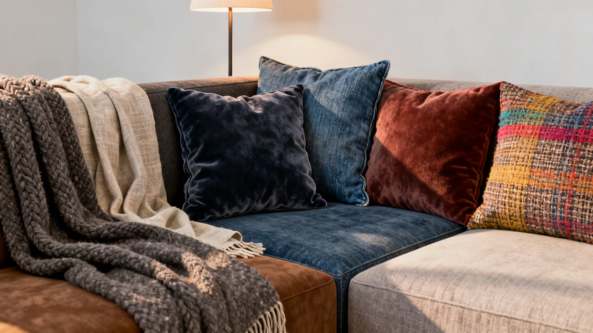 Close-up of sectional corner with layered throws and cushions showing contrasting textiles and textures.