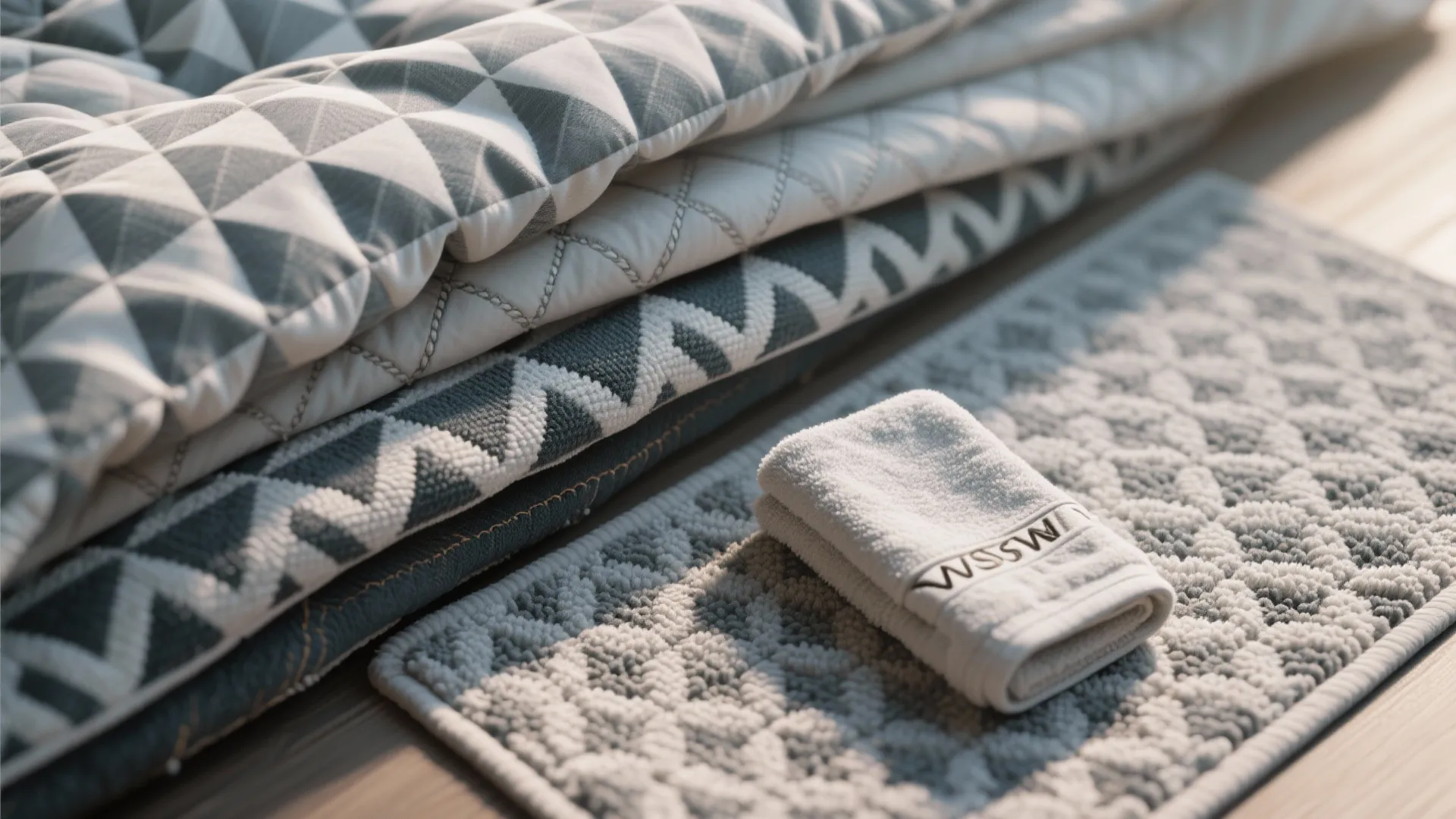 Folded grey and white geometric pattern blankets with a matching small towel on wood floor