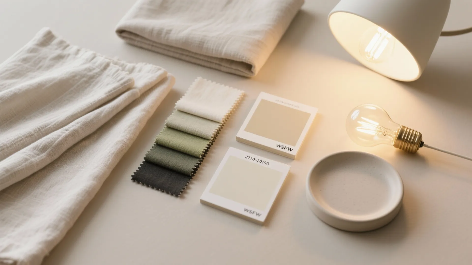 Interior design materials with fabric swatches paint samples light bulbs and table lamp on desk