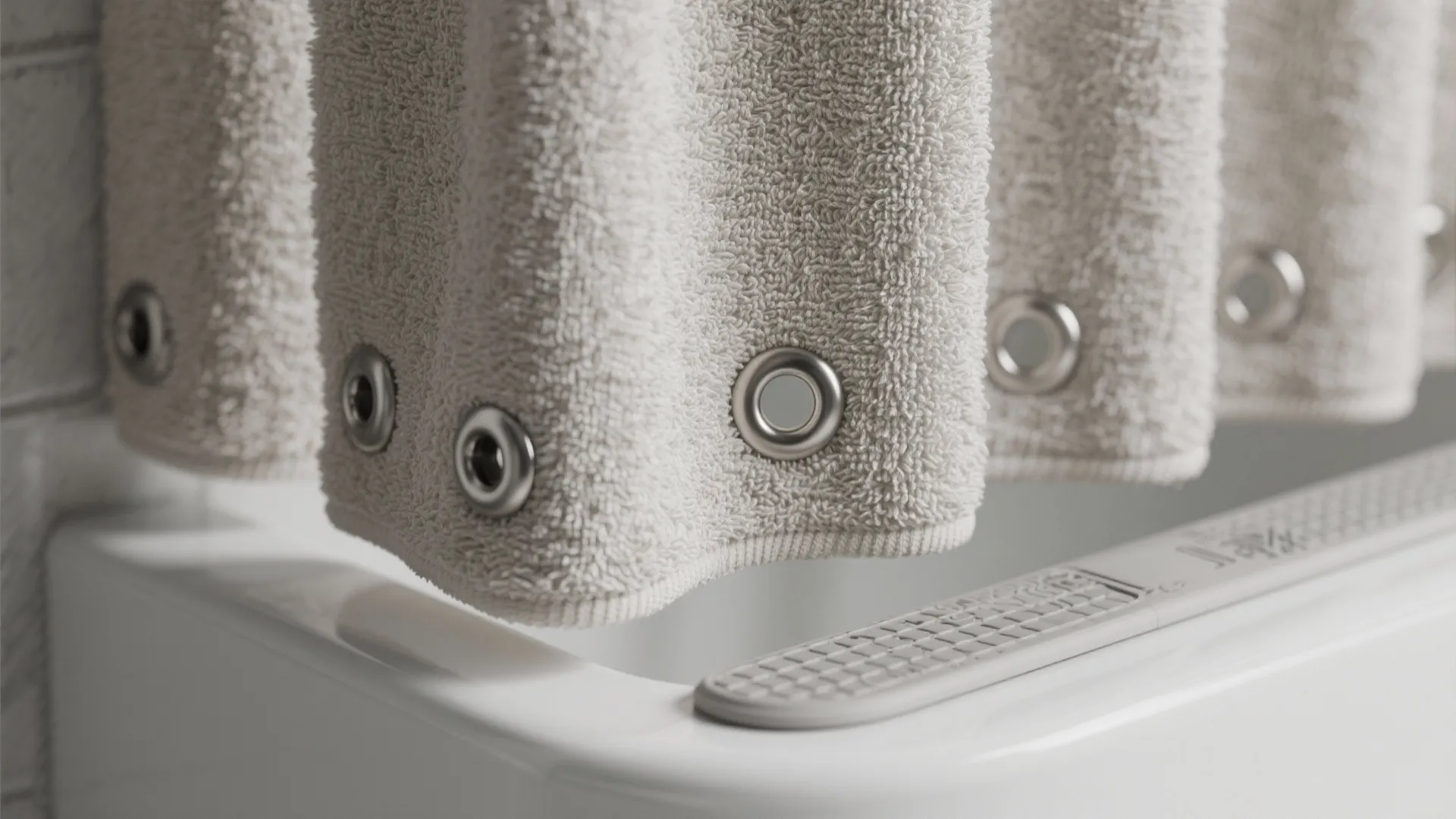Close up of a thick grey towel with metal ring details hanging above a white bathtub
