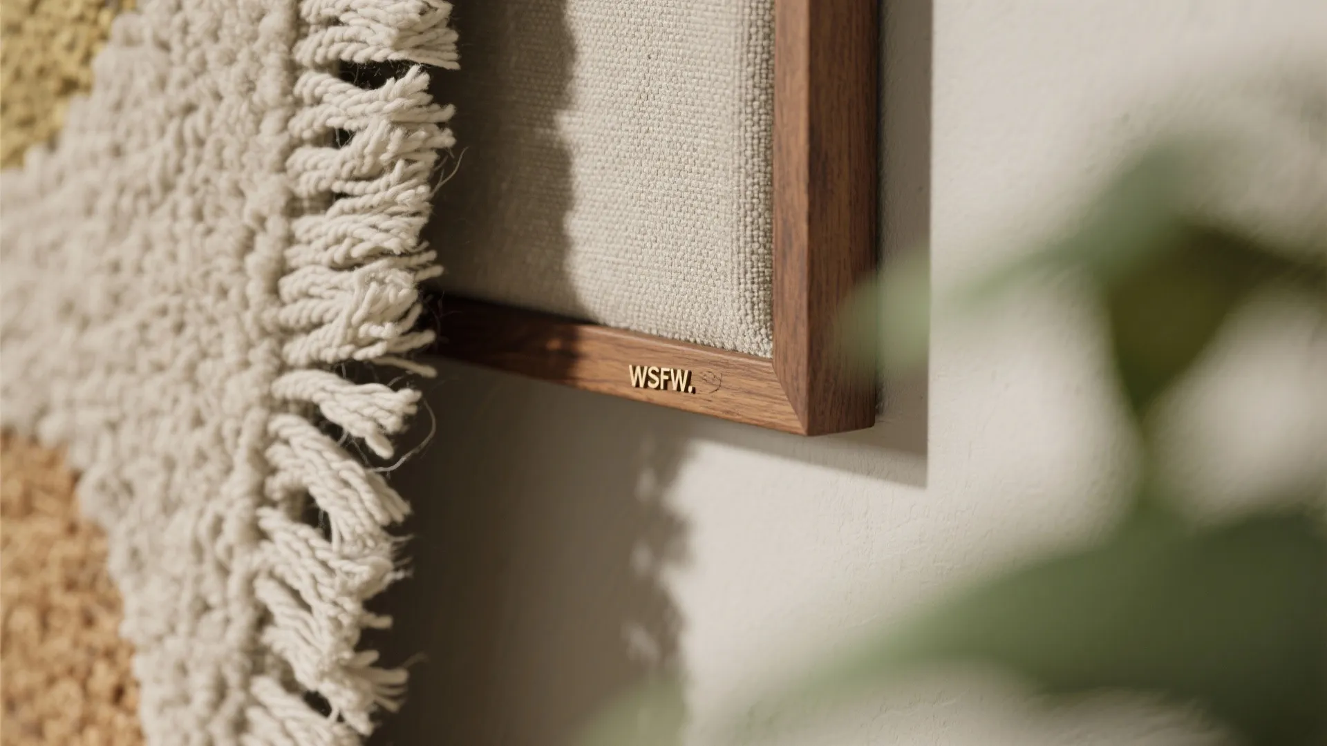 Close up view of woven fabric art with wooden frame hanging on a white wall