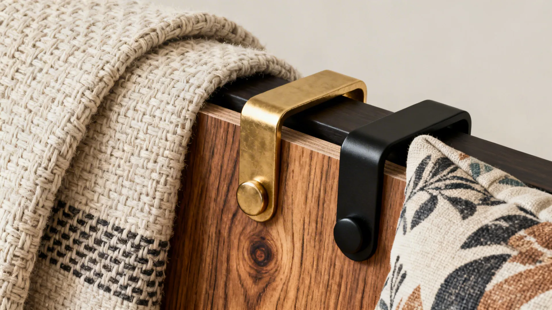 Macro details of woven throws, patterned cushions, wood grain and metal finishes