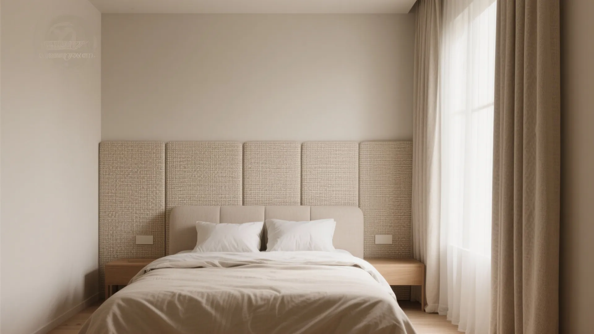 Minimalist bedroom with beige fabric wall panels, white bedding, wooden nightstands, and long beige curtains