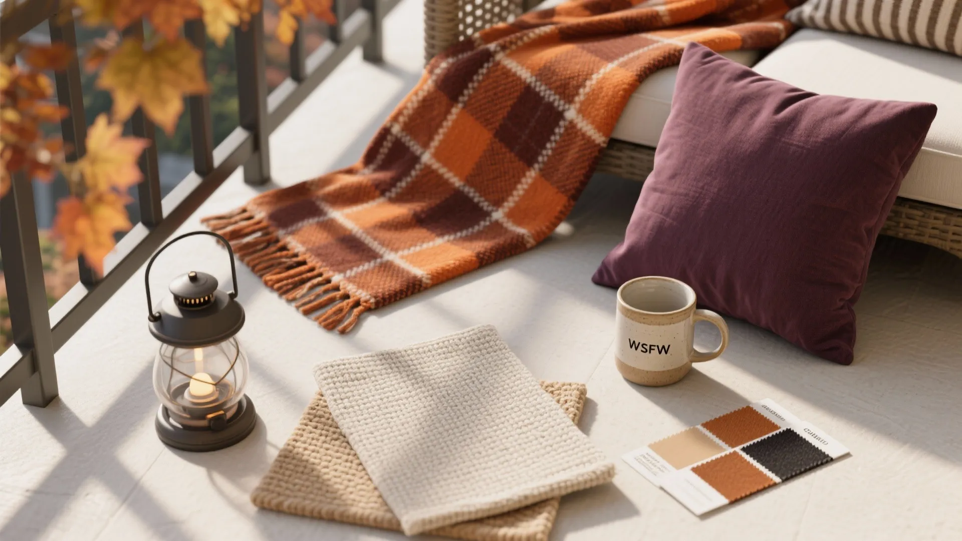 Cozy balcony floor with a blanket pillow coffee mug small lantern and fabric color samples