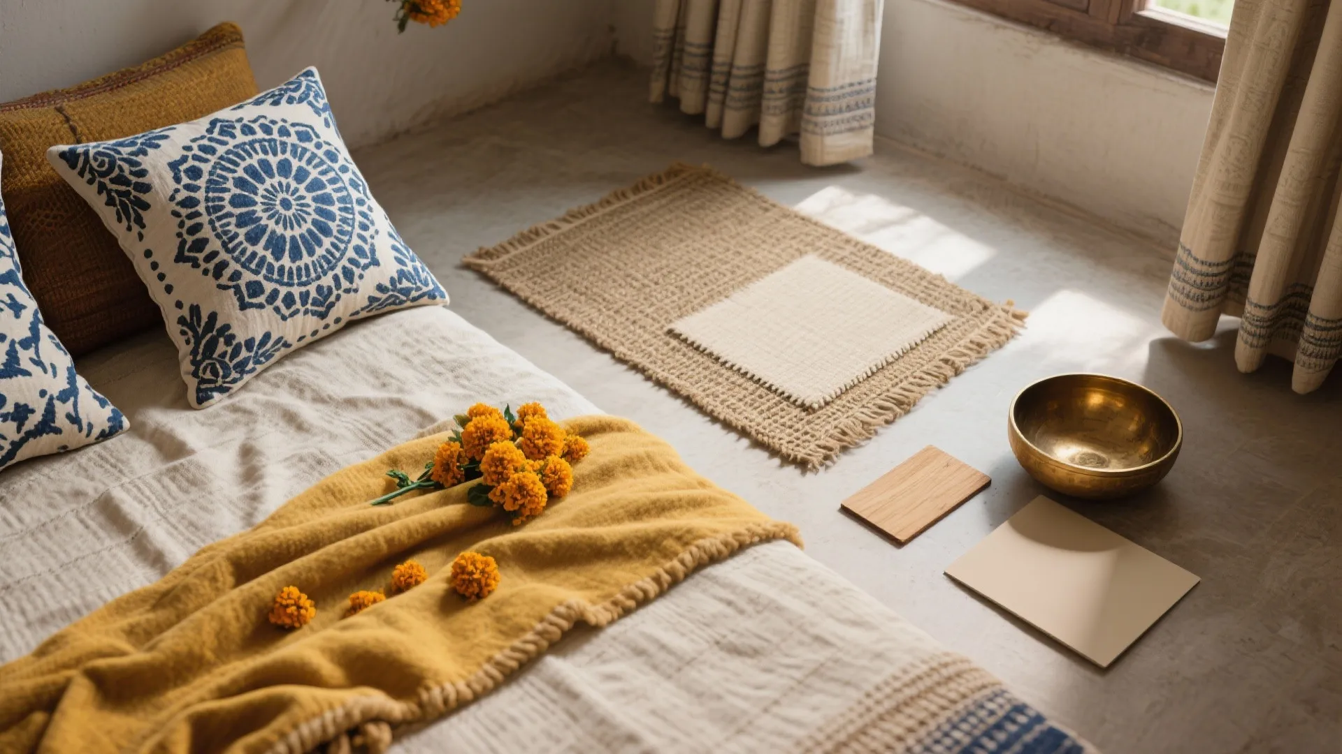 Bedroom floor with a yellow blanket blue patterned pillows small rug and various decor material samples
