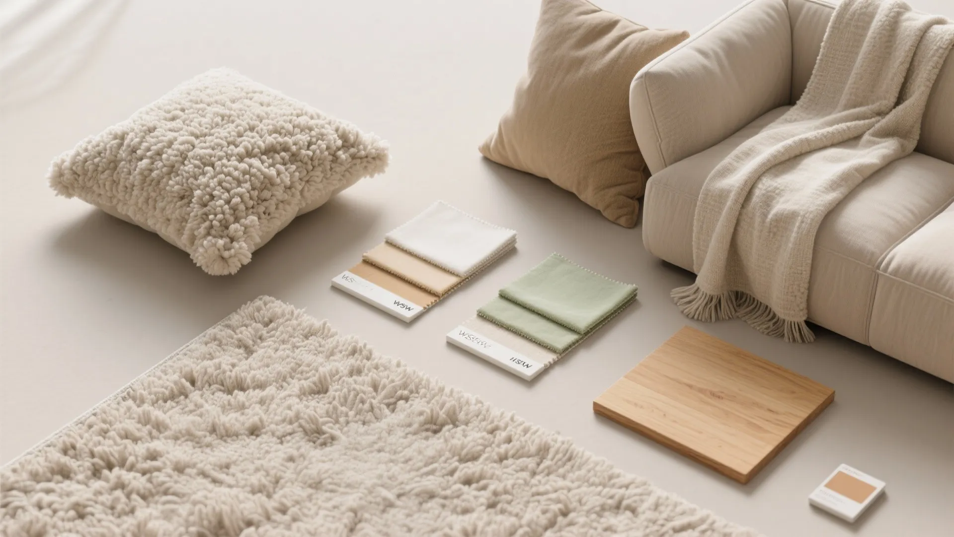 Interior design materials including fabric swatches rug pillow sofa and wood block on plain floor