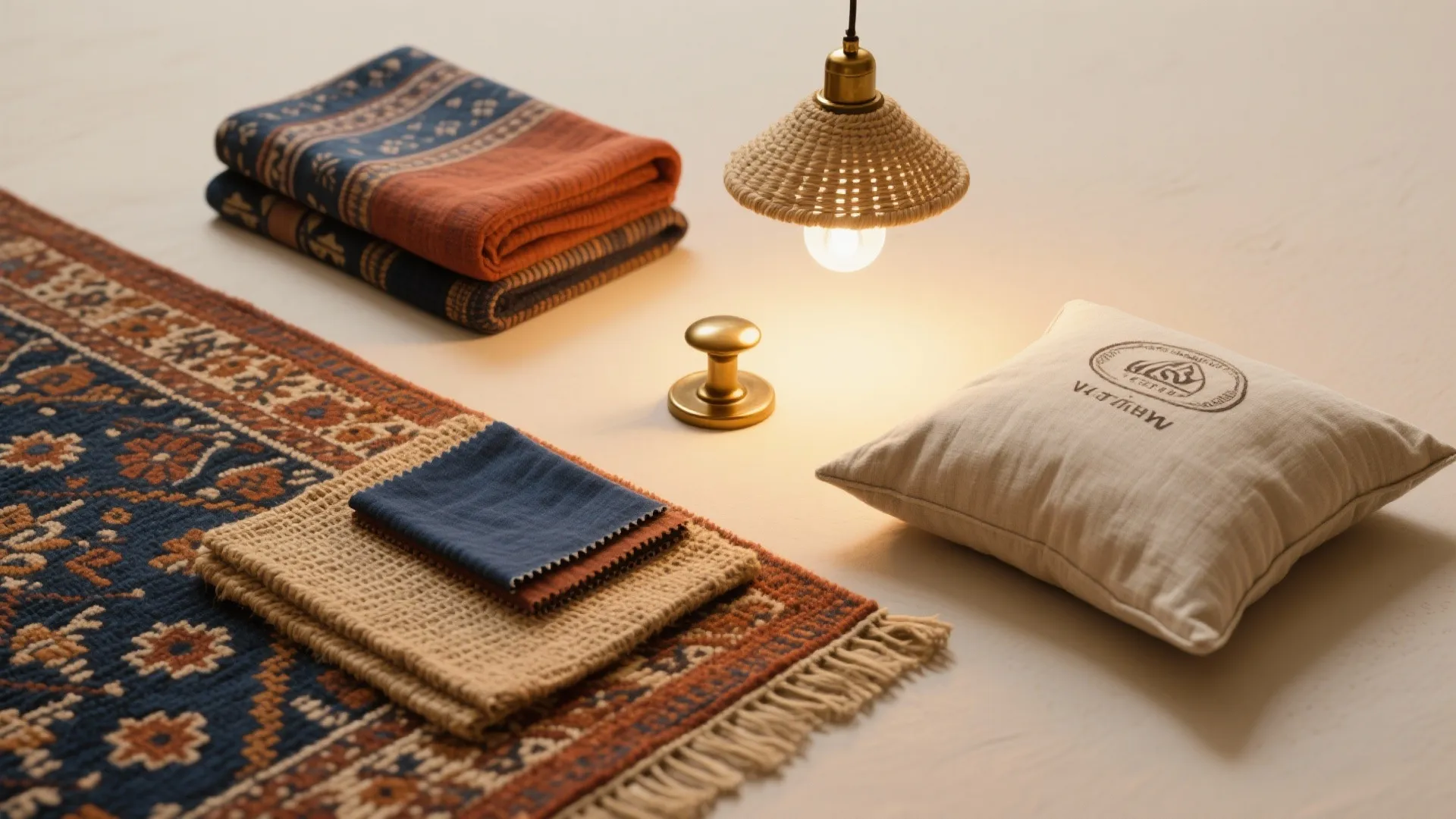 Flat lay of Indian textiles with indigo and rust patterns, jute rug, brass accents and a warm 2700K bulb