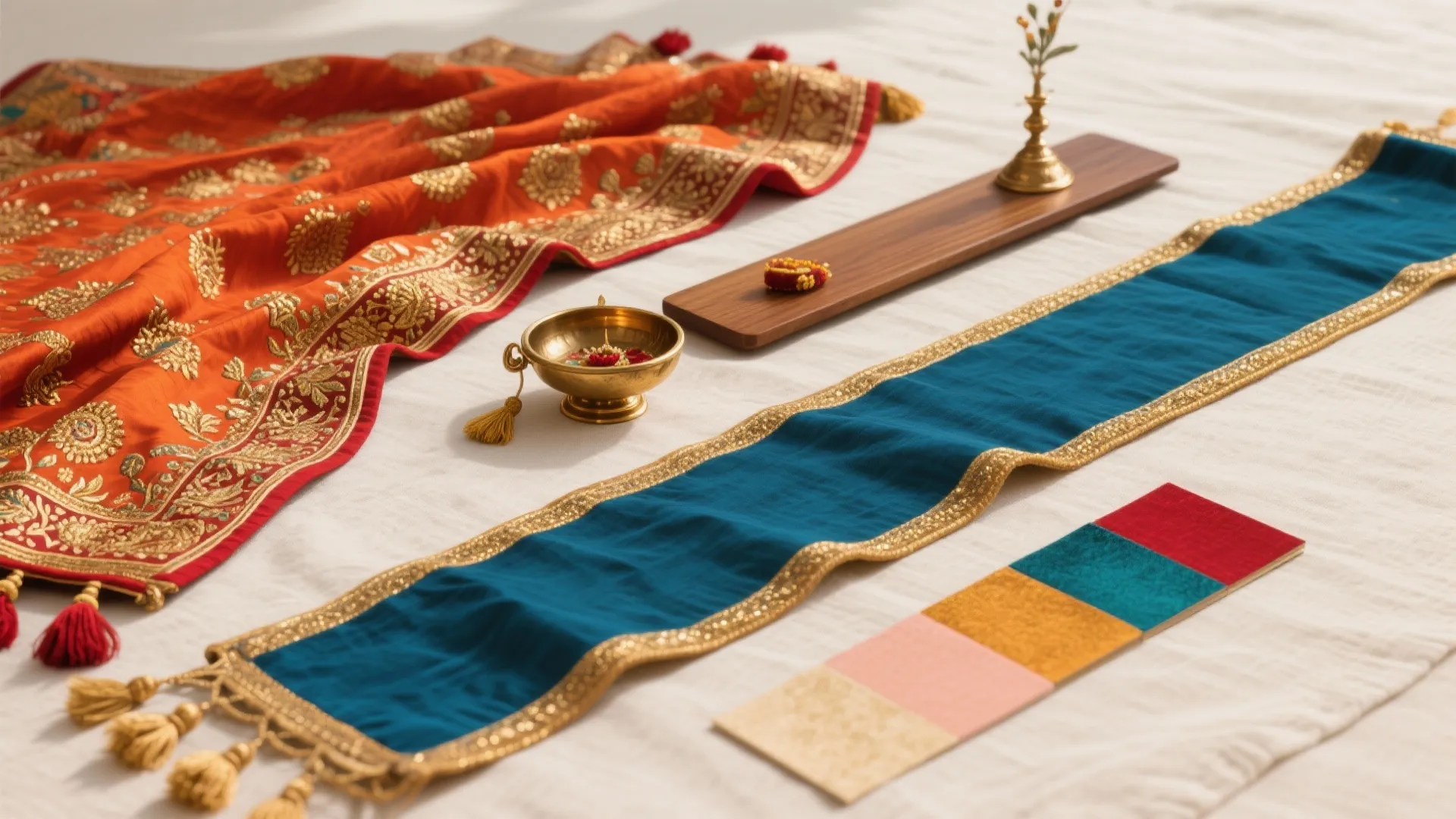 4) Textile and Color Magic: Dupattas, Runners, and Wood Accents