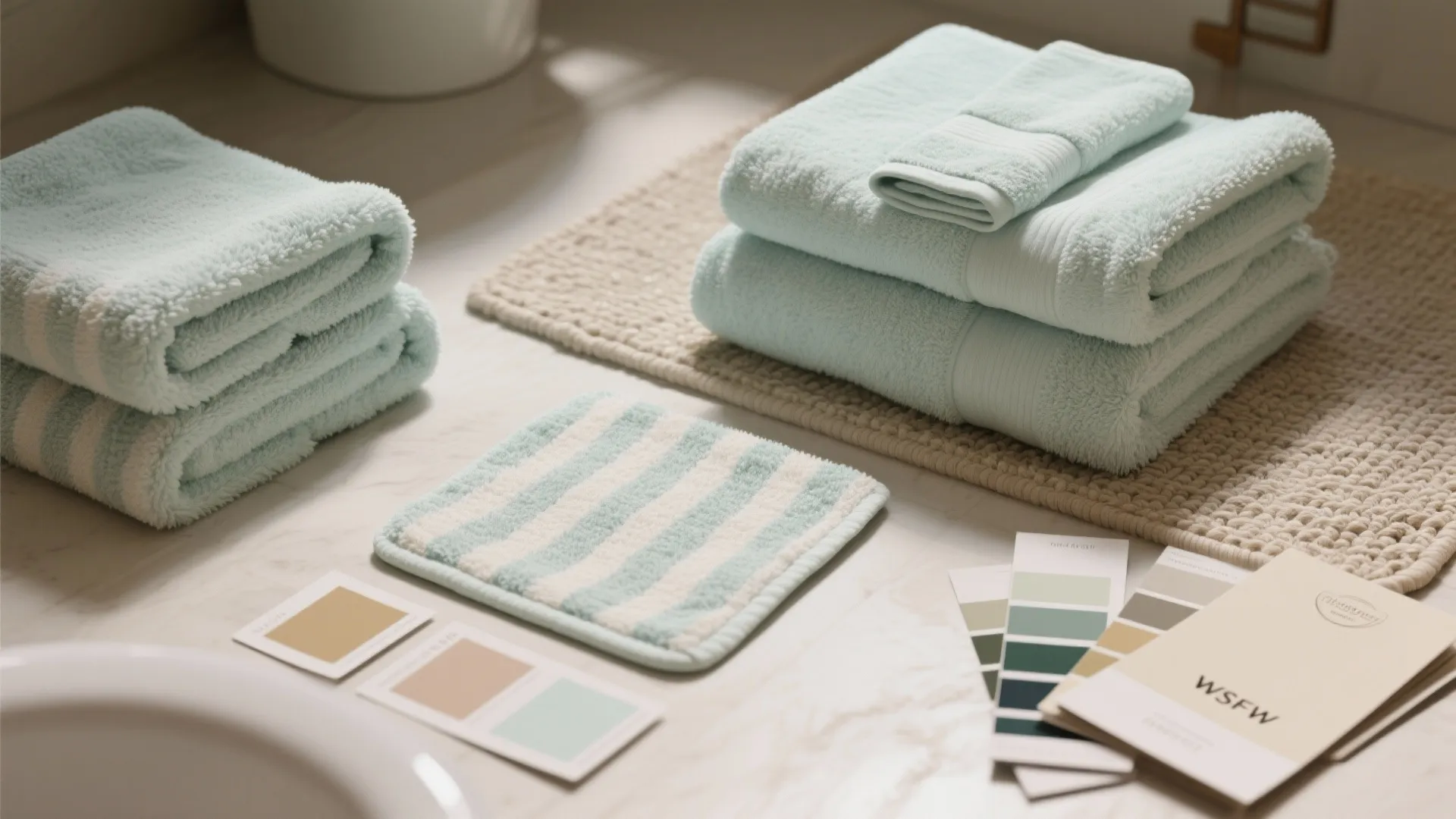 1. Start with textiles — towels and rugs as your anchor
