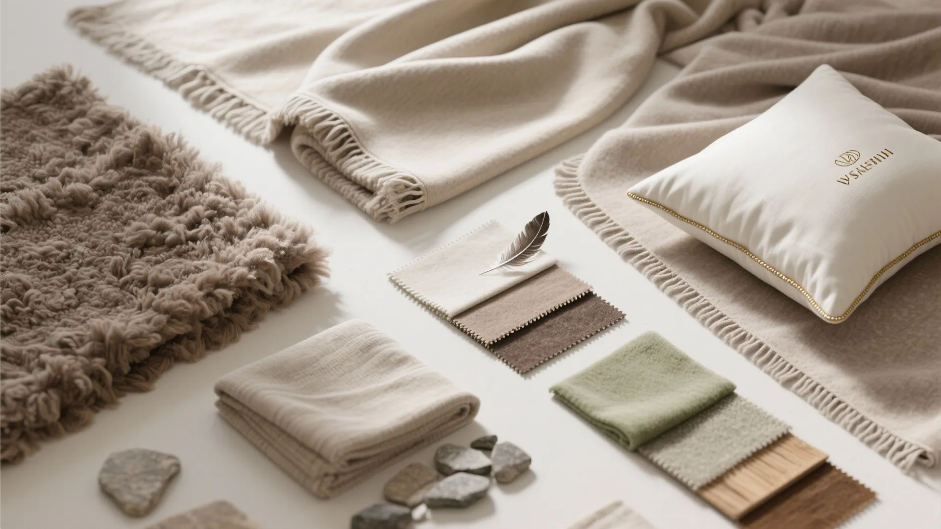 Top view of interior design materials with fabrics beige blanket white pillow and small stones