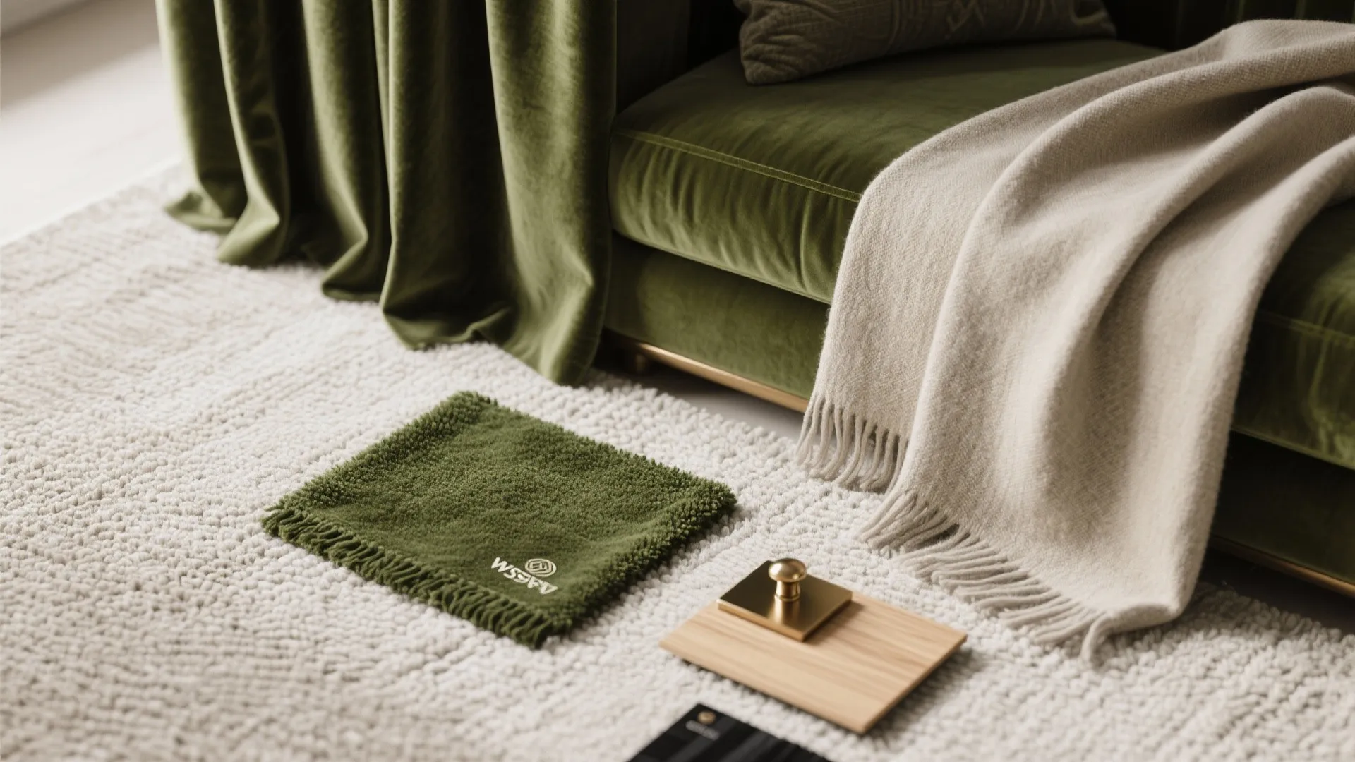 Flatlay of velvet ottoman fabric, wool rug, Belgian linen drapery, cashmere throw, in moss and sand palette