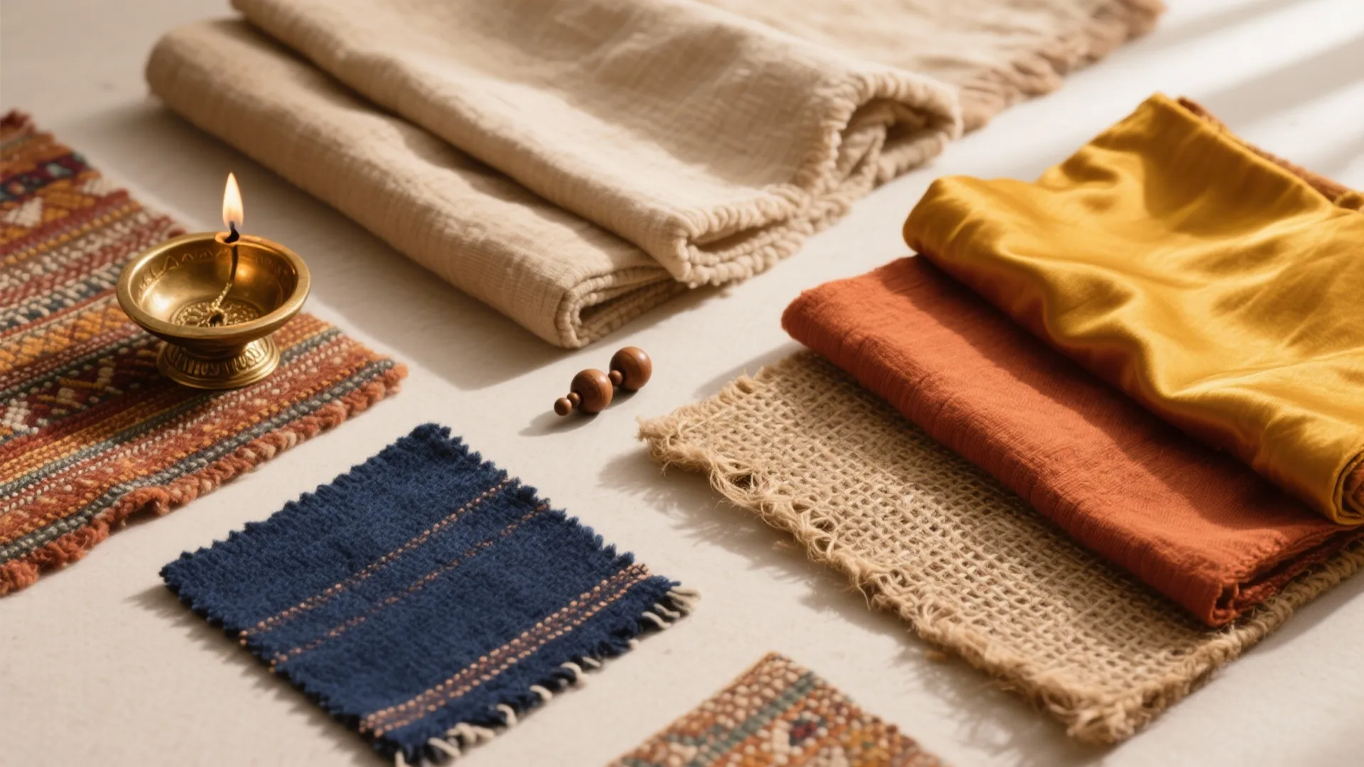 Top view of fabric samples with different textures and colors next to a small candle