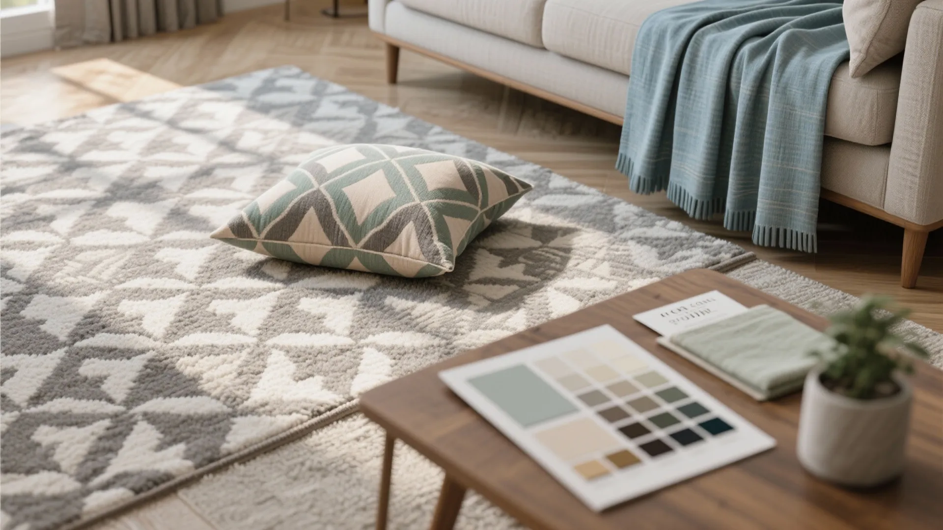 Flatlay of patterned cushions, rug and swatches combining taupe, gray and muted sage accents