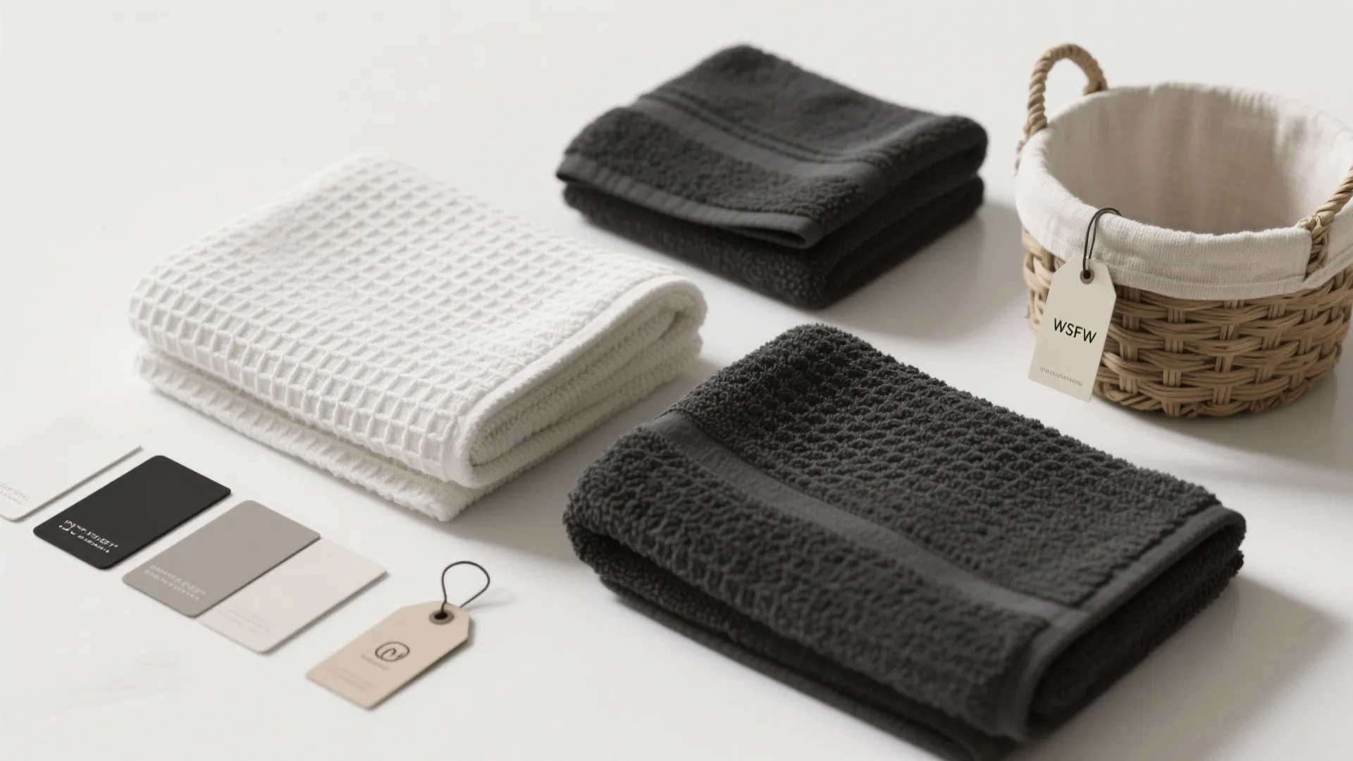 Folded white and grey towels placed next to a small woven basket and color sample