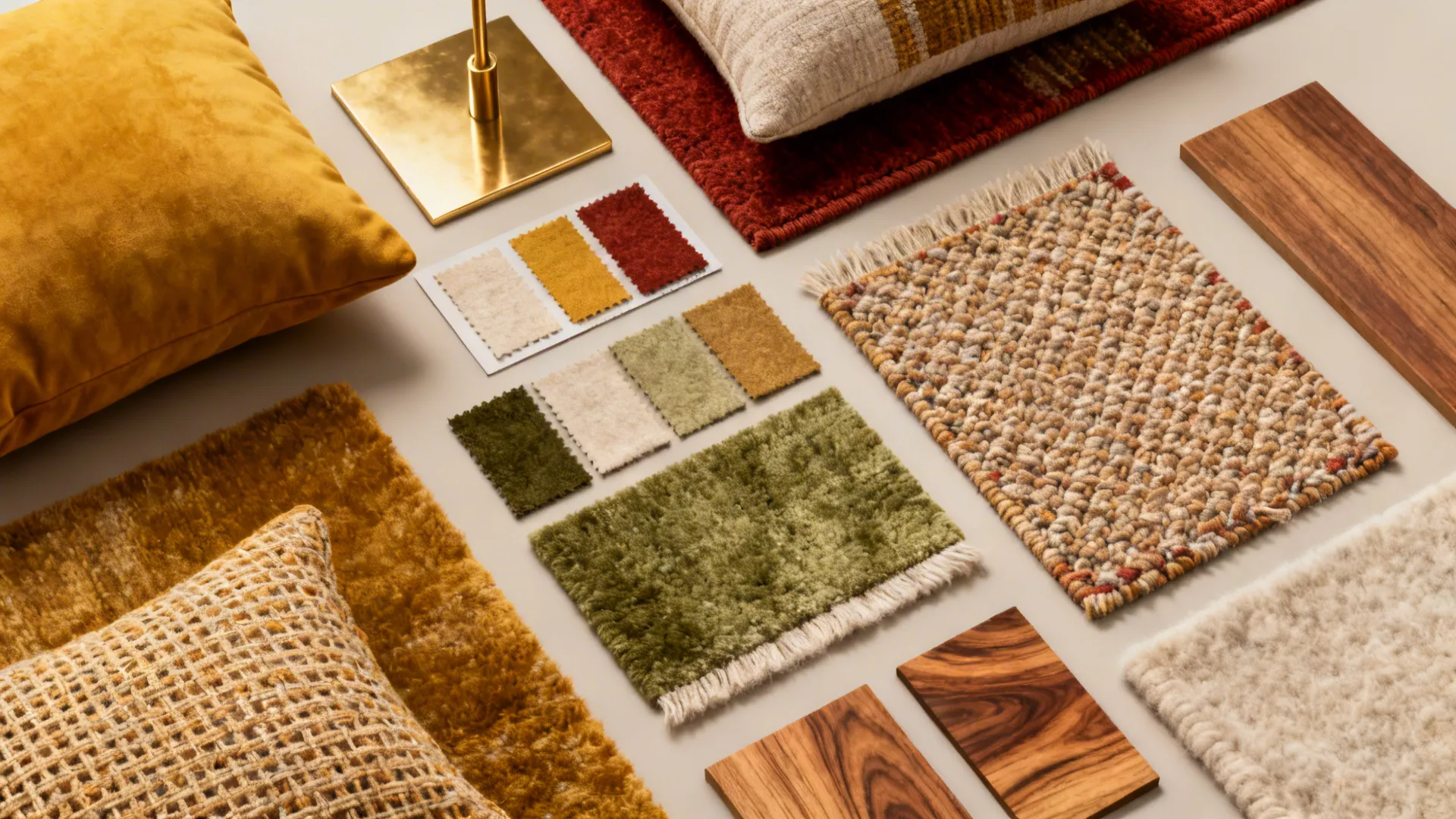 2. Layer textiles with mustard, rust and olive accents