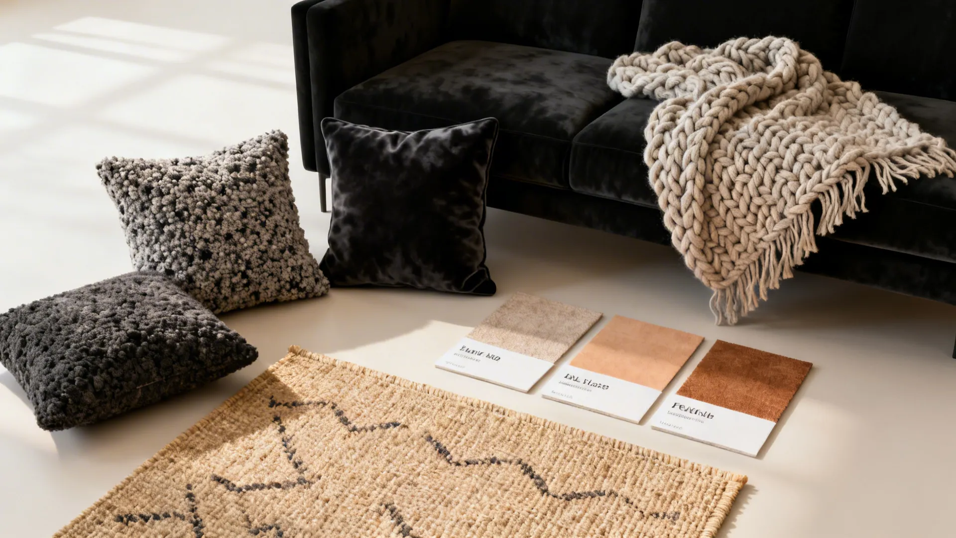 Flatlay of bouclé cushions, knit throw and jute rug swatches for black furniture