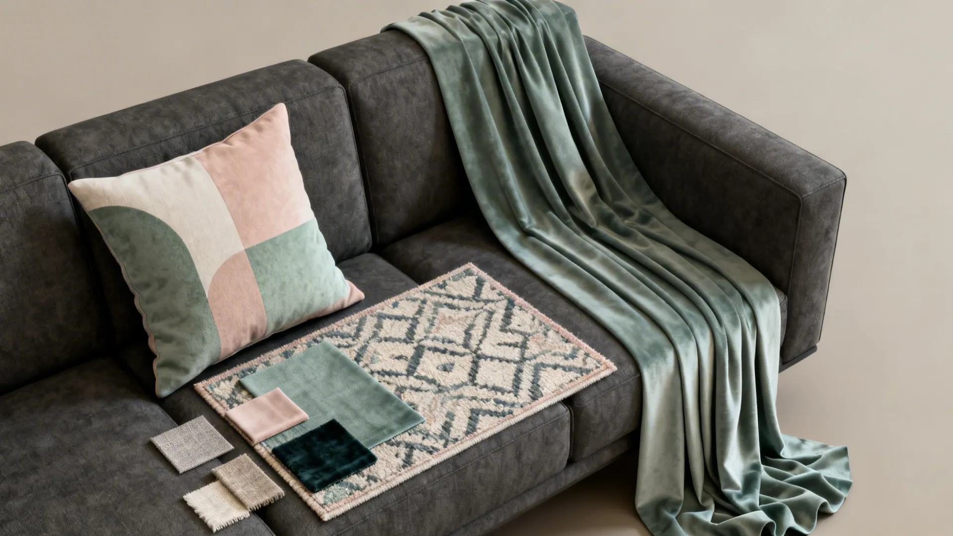 Top view of dark grey sofa with green blanket, colorful pillow, and various fabric samples