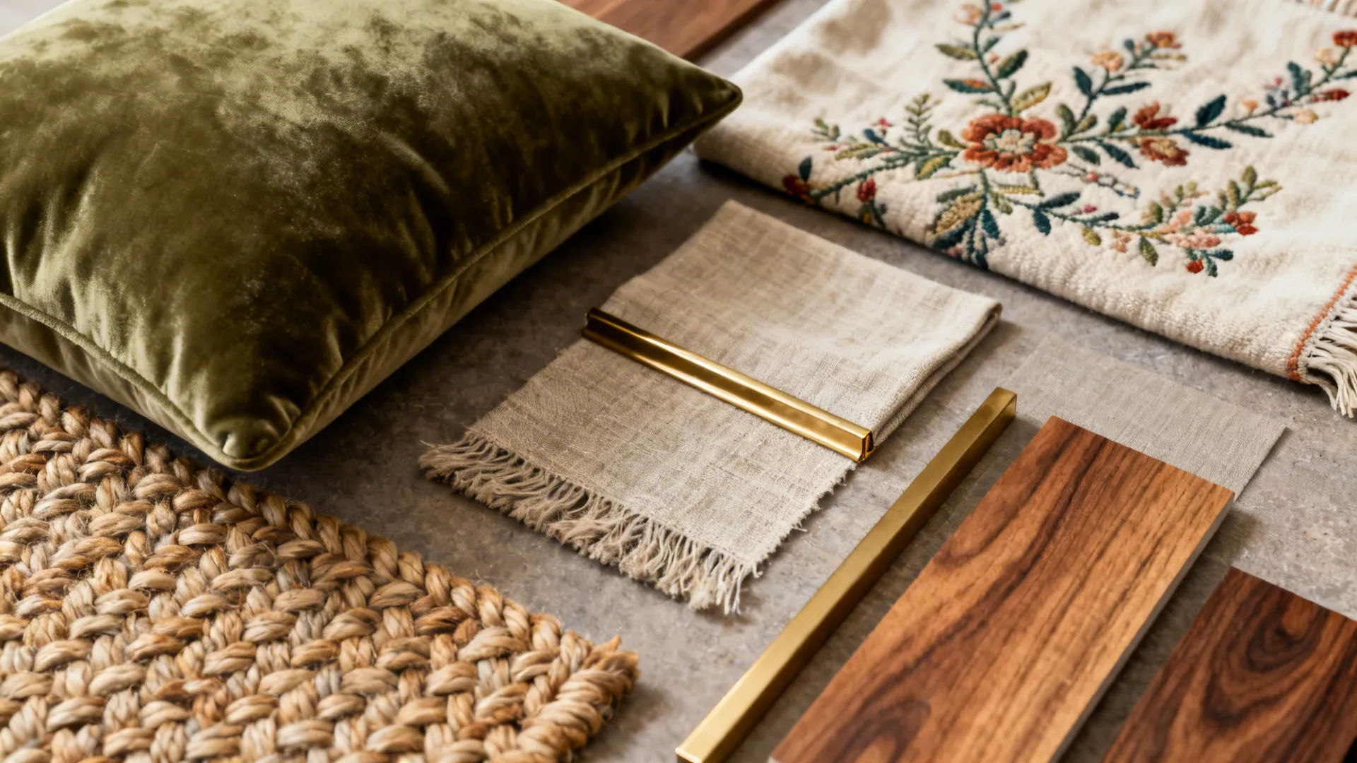 Flatlay of velvet cushions, embroidered throws, braided rug and material samples in warm muted tones.