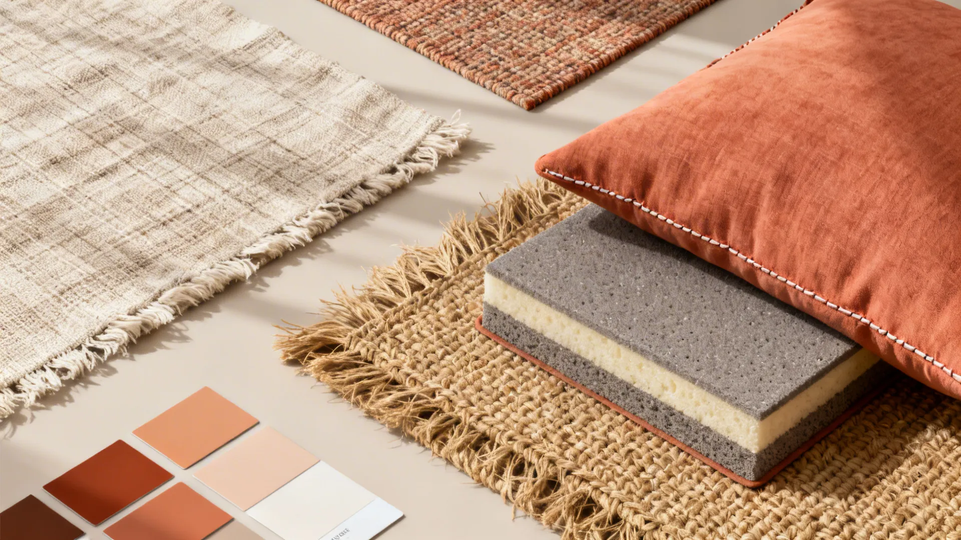 Flatlay of linen, performance weave, cotton, and jute samples with warm neutral color chips.