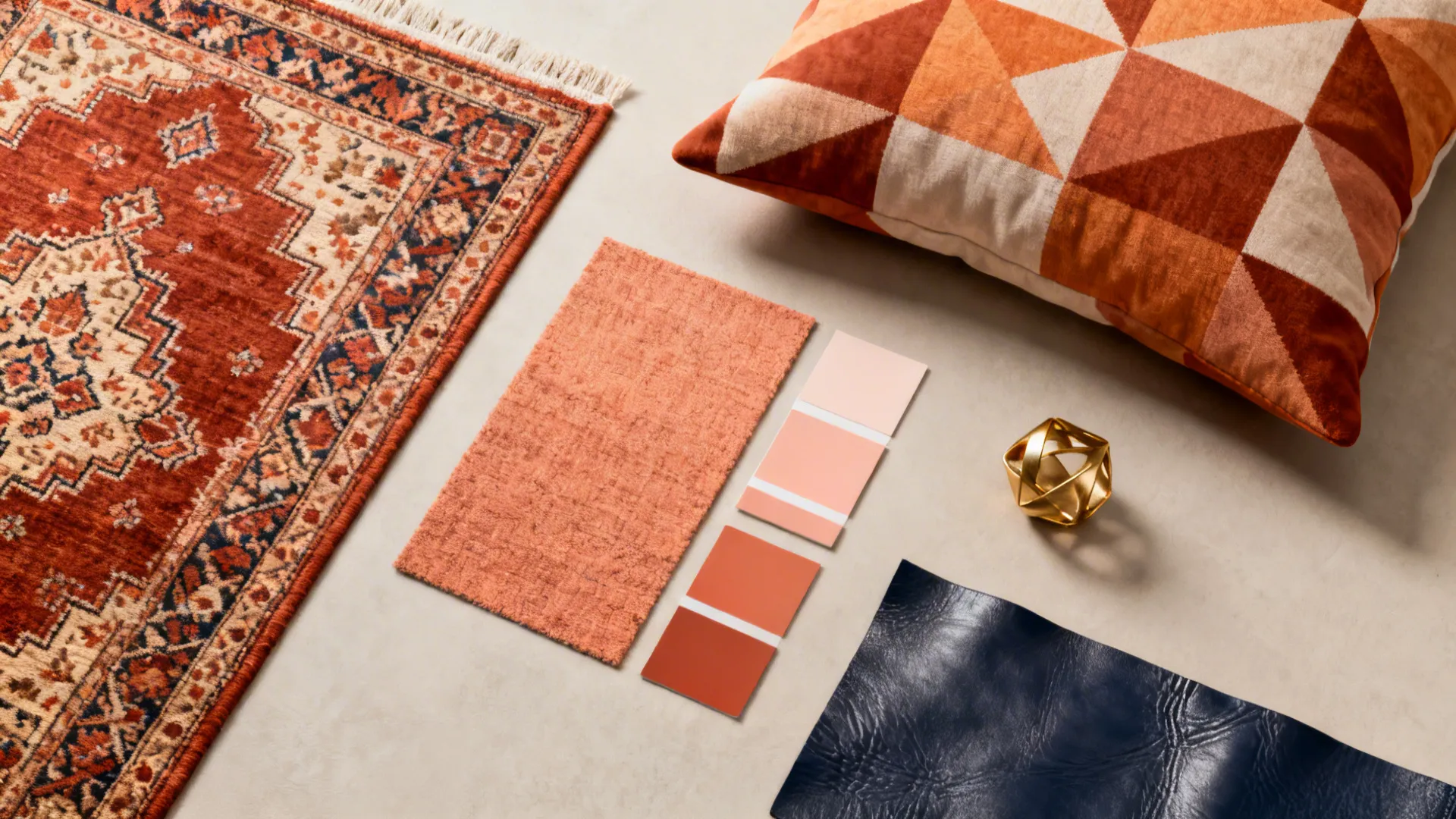 Flatlay of patterned rug and pillow samples in warm terracotta and rust tones paired with navy leather swatch.