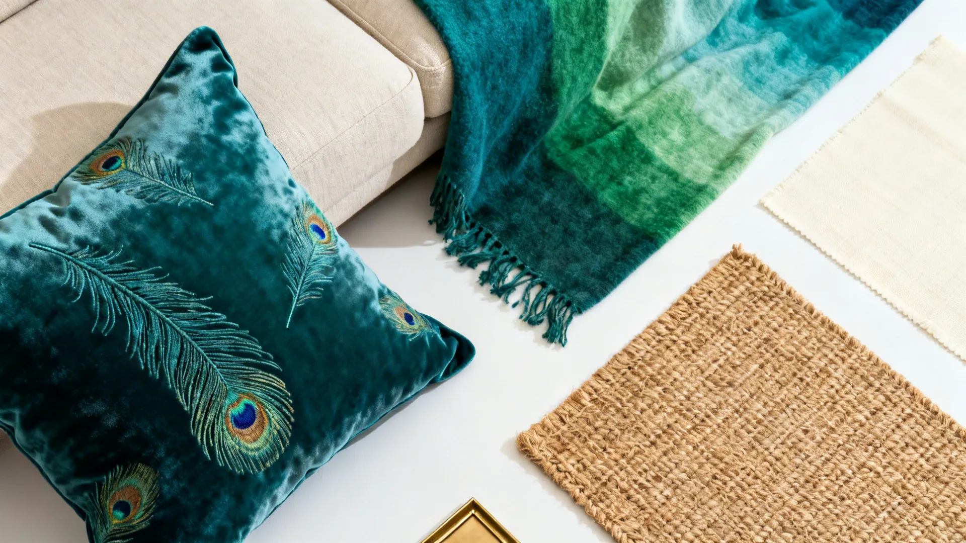Top-down textile samples: velvet pillow, ombré throw, sofa swatch, sisal rug, and brass trim.