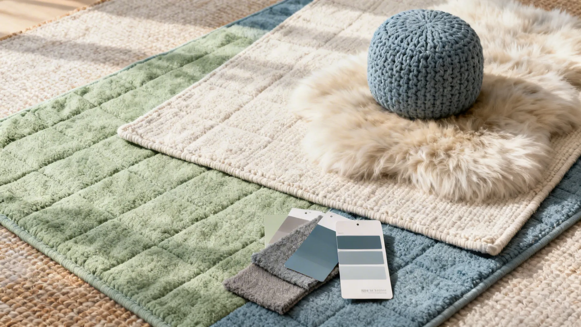 Green and blue floor rugs with white fluffy rug blue knitted ball and color swatches
