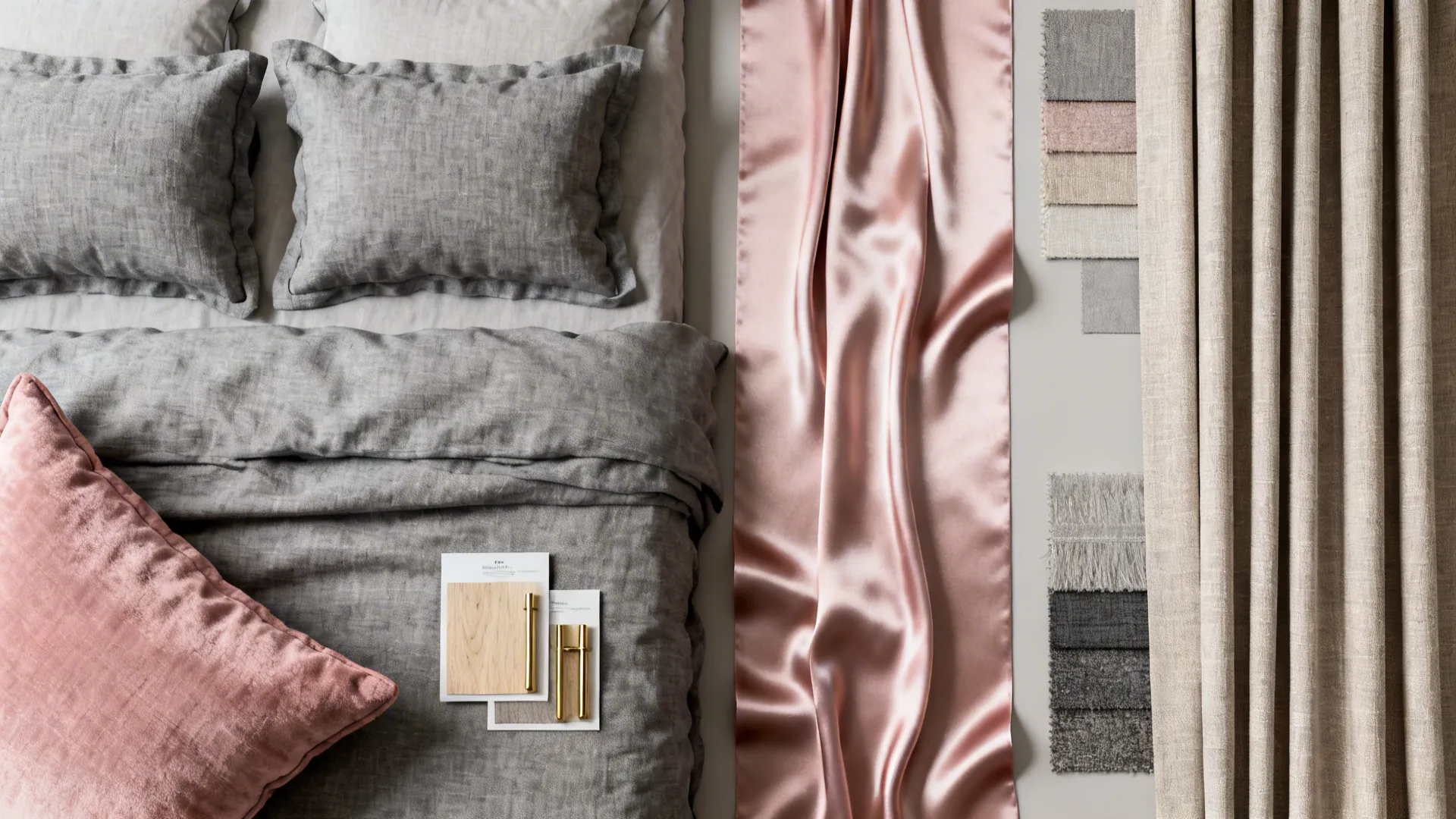 Flatlay of grey and rose textile samples with wood and brass swatches