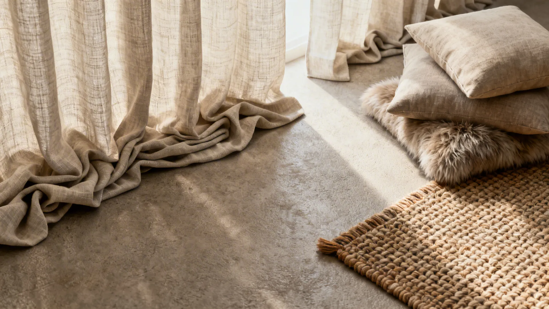 Flatlay of layered textiles: linen, wool rug, and faux fur pillows