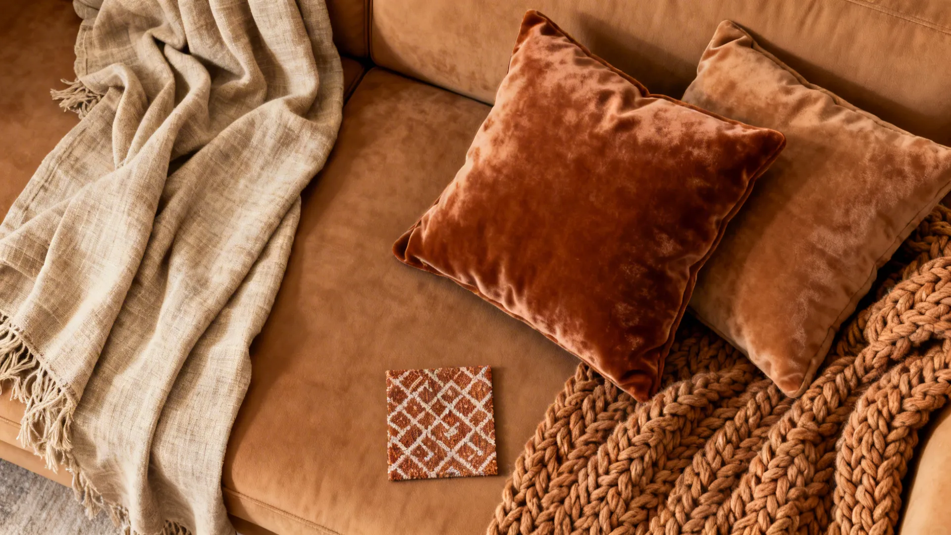 Flatlay of linen, velvet and chunky knit textiles for styling a tan sofa.