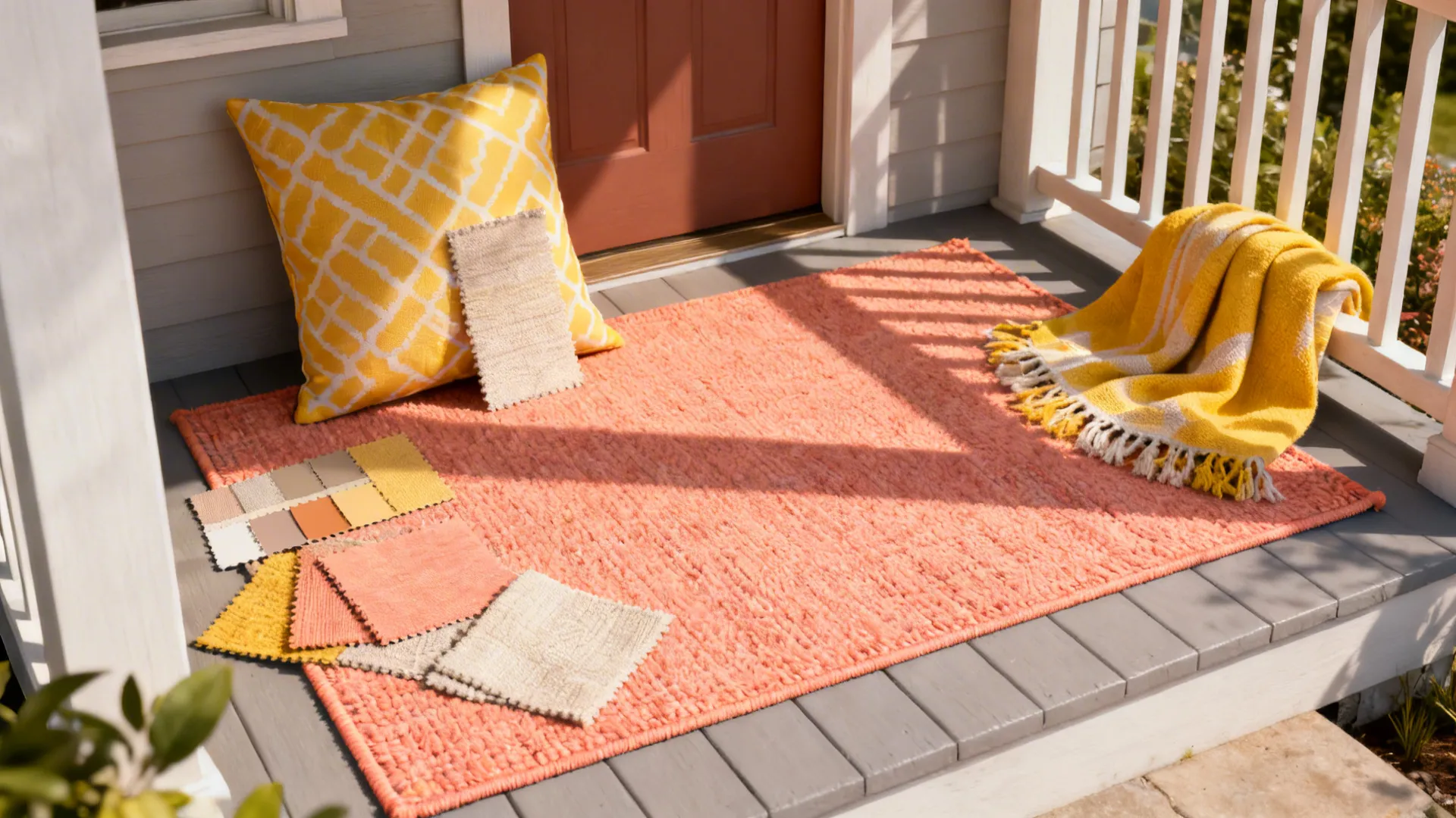 Flatlay of outdoor rug, patterned cushions and quick-dry throw swatches.