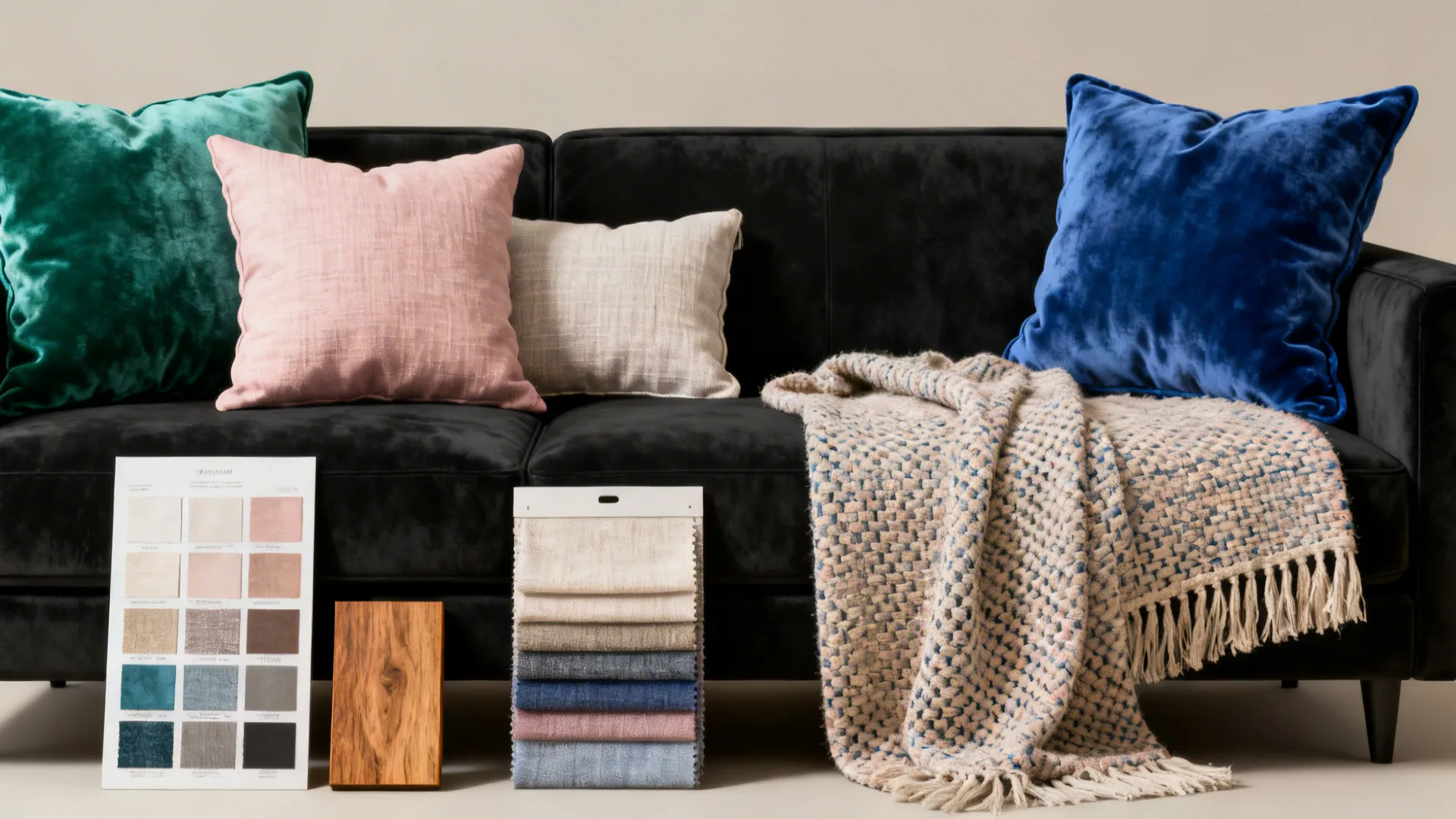 Flatlay of cushions, throws and fabric swatches for pairing with black furniture