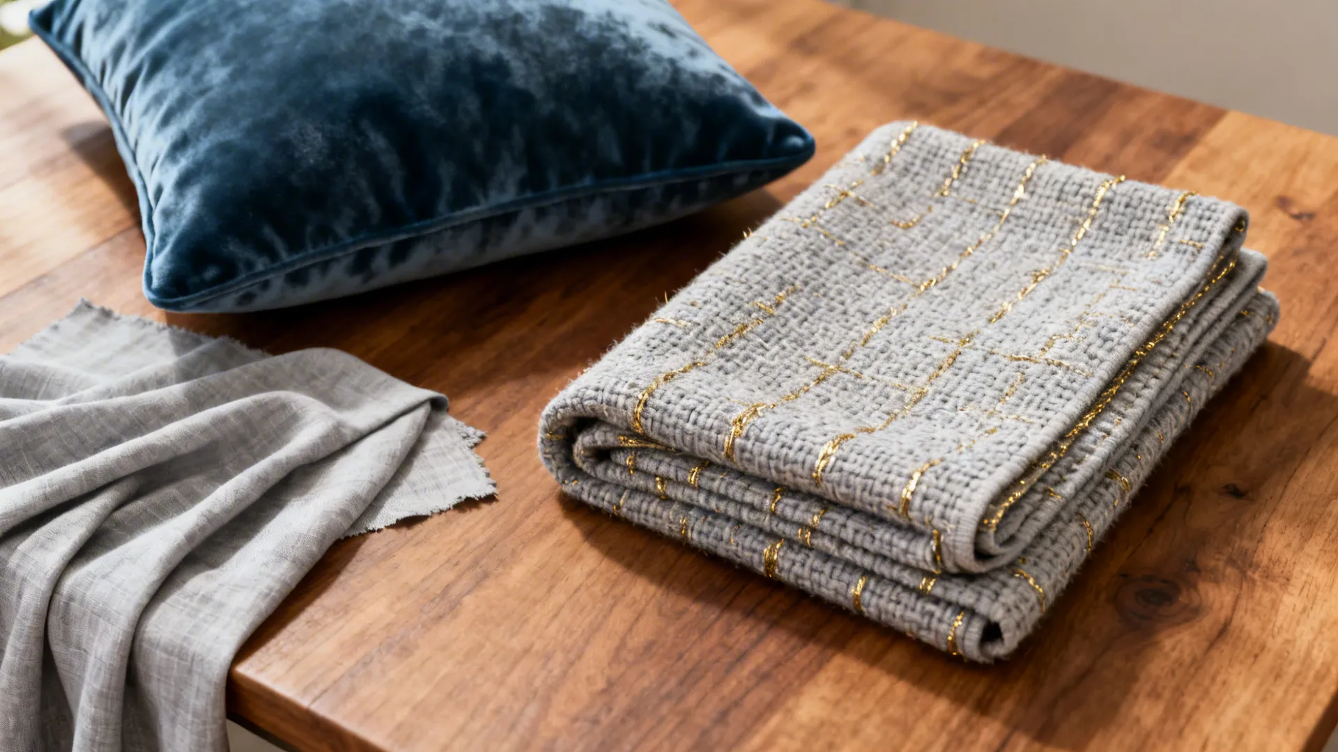 Flatlay of steel-blue velvet cushion, light grey linen drape and a gold-thread throw on wood.