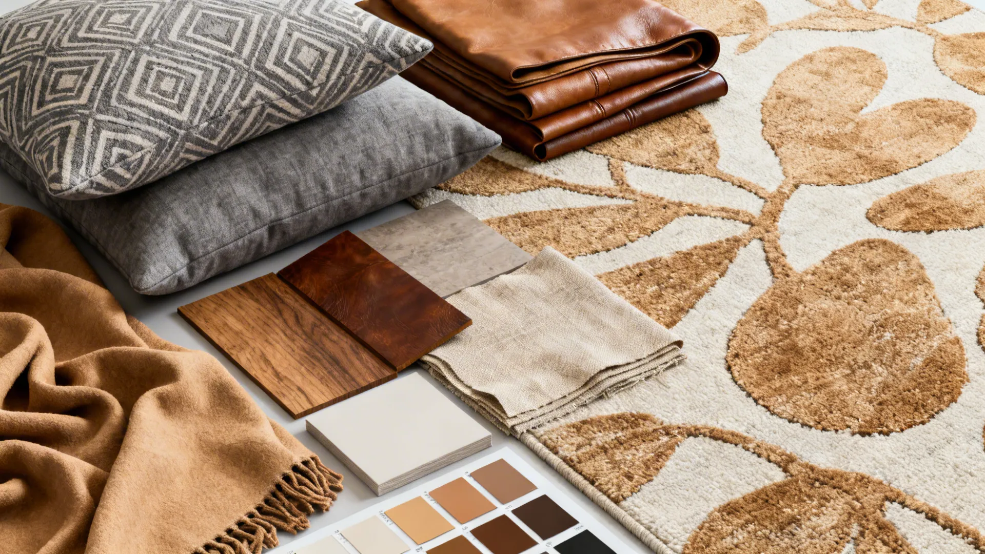 Selection of grey pillows leather fabric wood samples color palette and tan leaf pattern rug