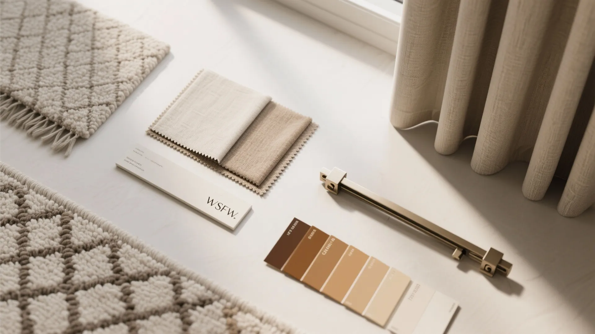 Interior design materials featuring fabric samples beige curtain textured rug and a gold metal rod