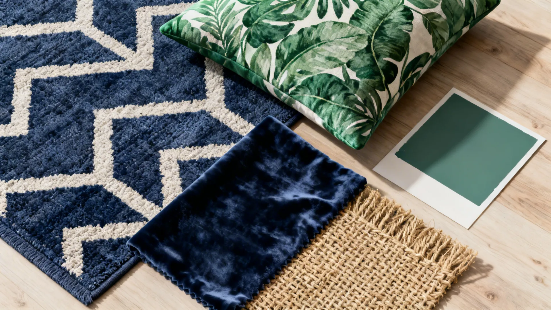 Flatlay of navy and green textile samples: geometric rug, botanical cushion fabric, velvet and jute swatches