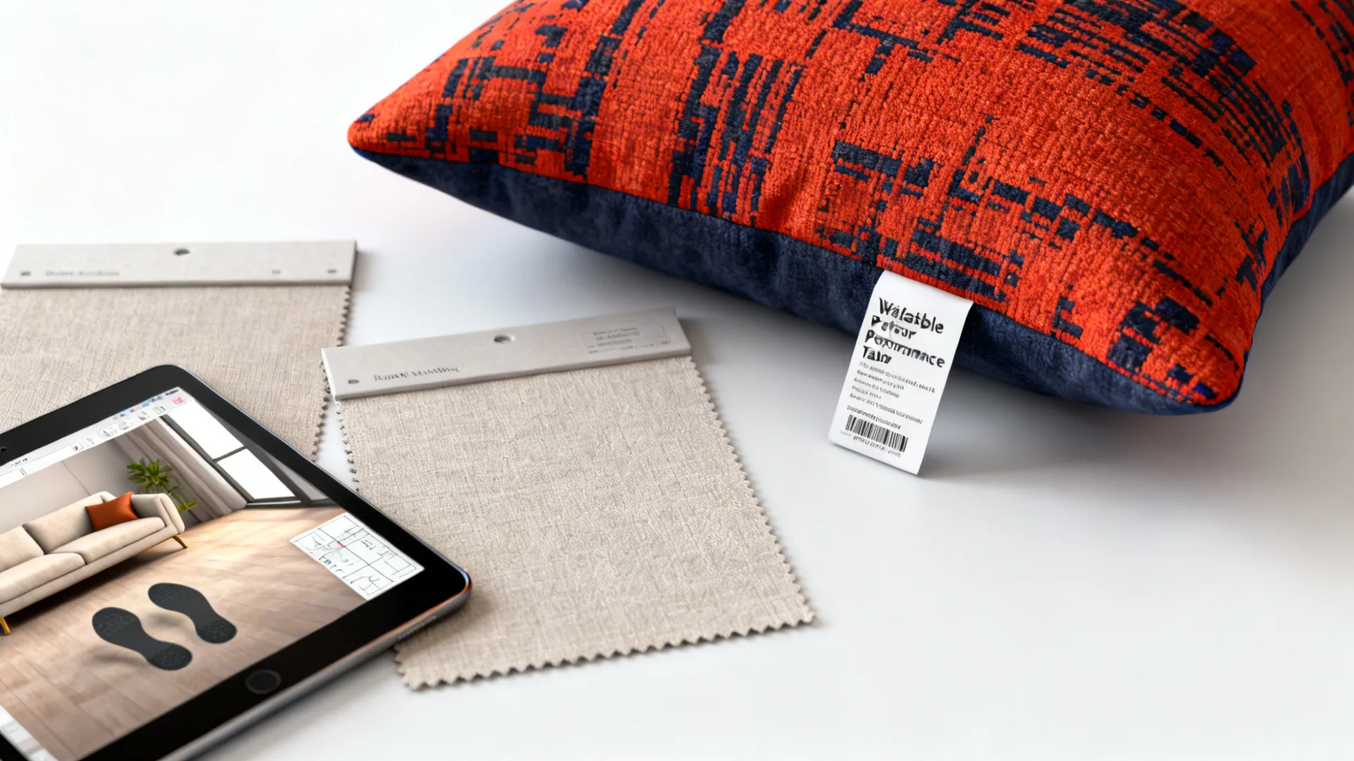 Flatlay of one bold fabric and two neutral swatches with a tablet showing a 3D room planner.