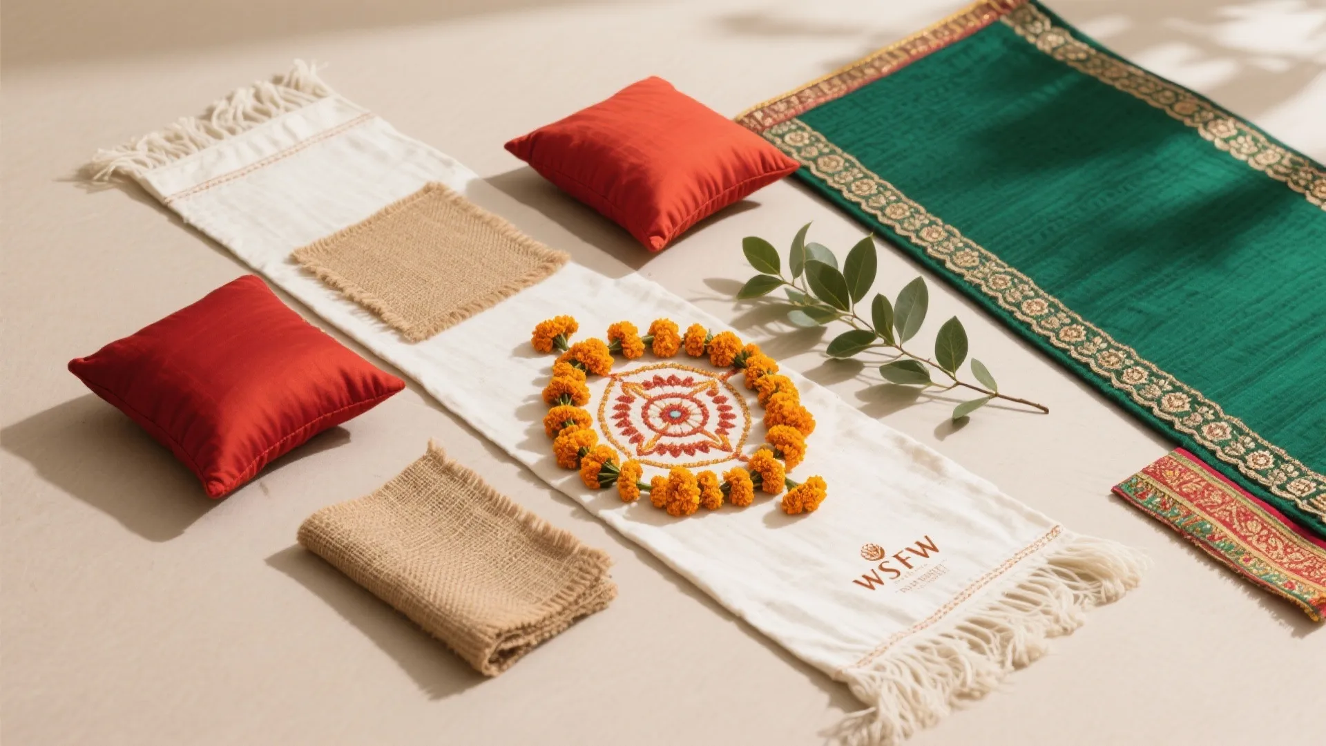 Layered Textiles: Runners, Rangoli, and Cushions