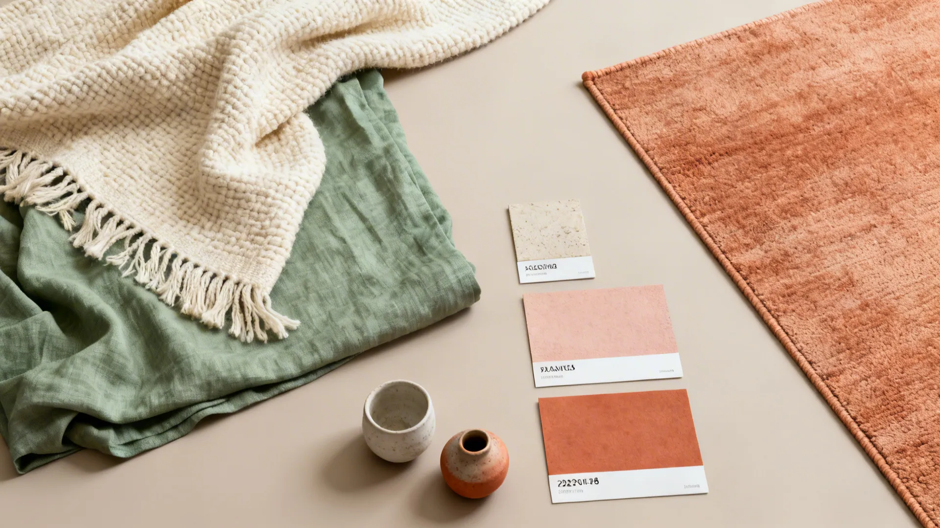 Flatlay of sage linen, cream throw, clay rug and terracotta swatches for living room textiles