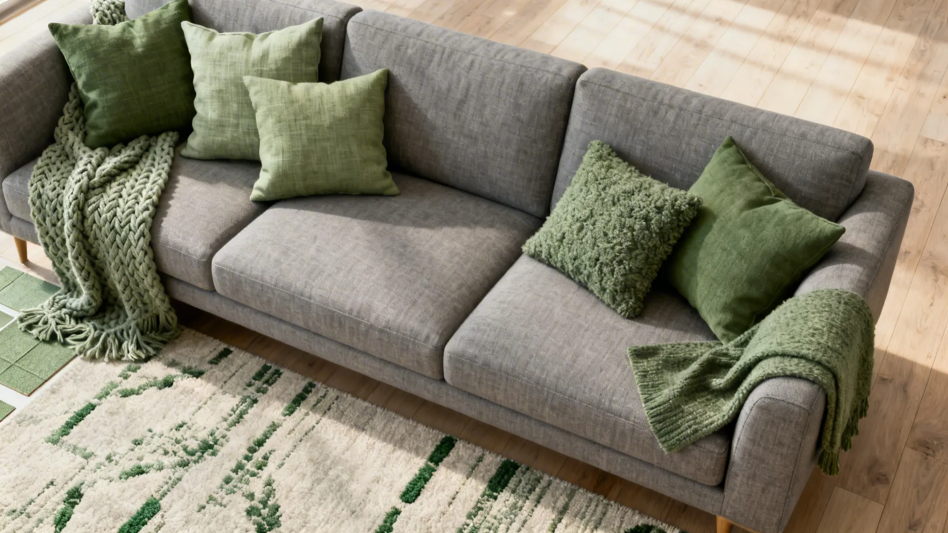 2. Layered Textiles: Grey Sofa, Sage Pillows, Patterned Rugs