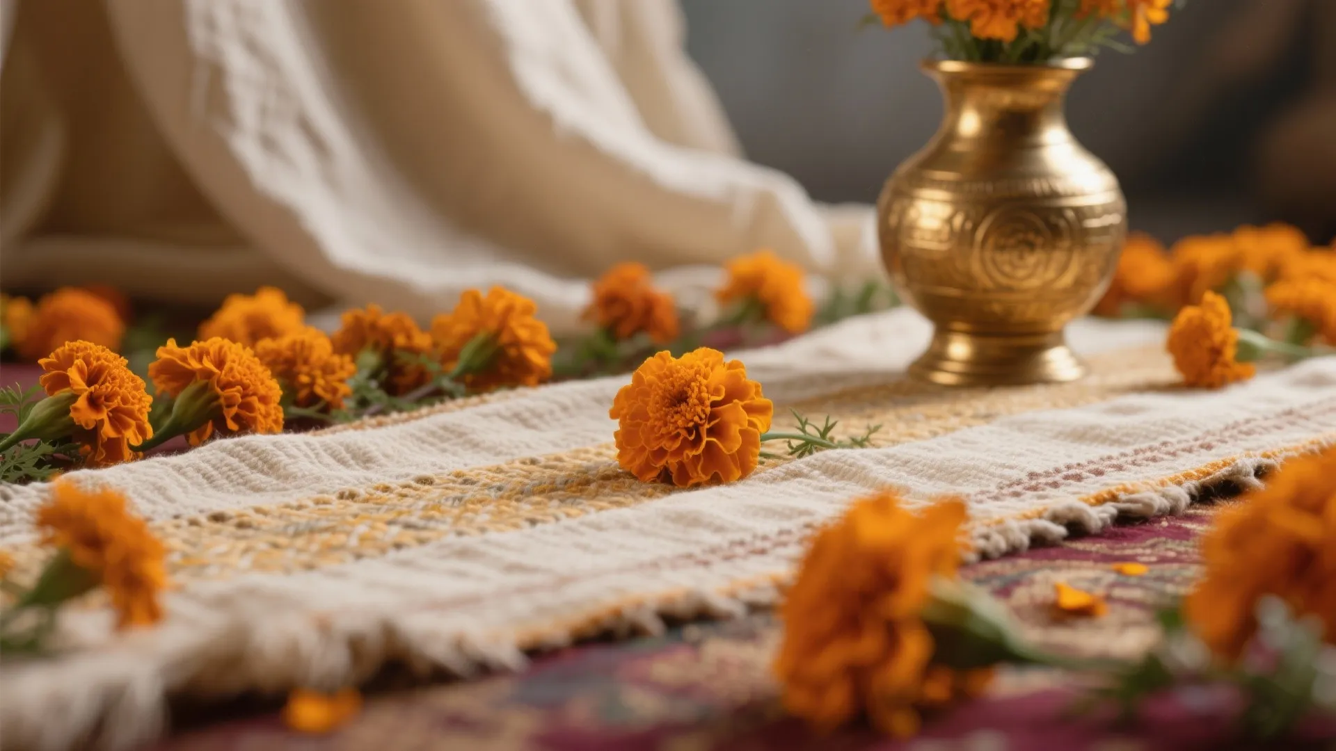 Macro of handwoven runner, muslin backdrop, and brass vase with marigolds softening a pooja nook.