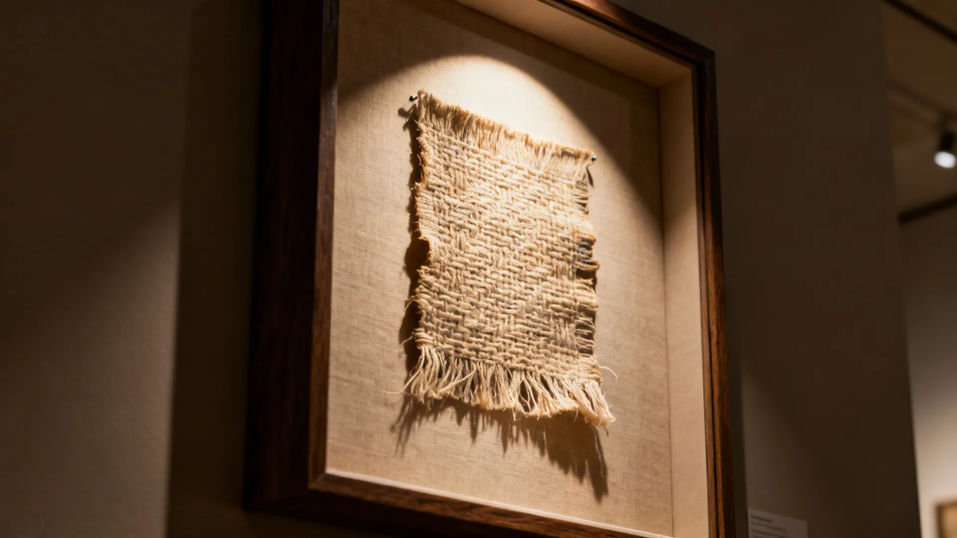 Close-up of a framed textile fragment in a shadow box highlighting woven texture and craftsmanship.