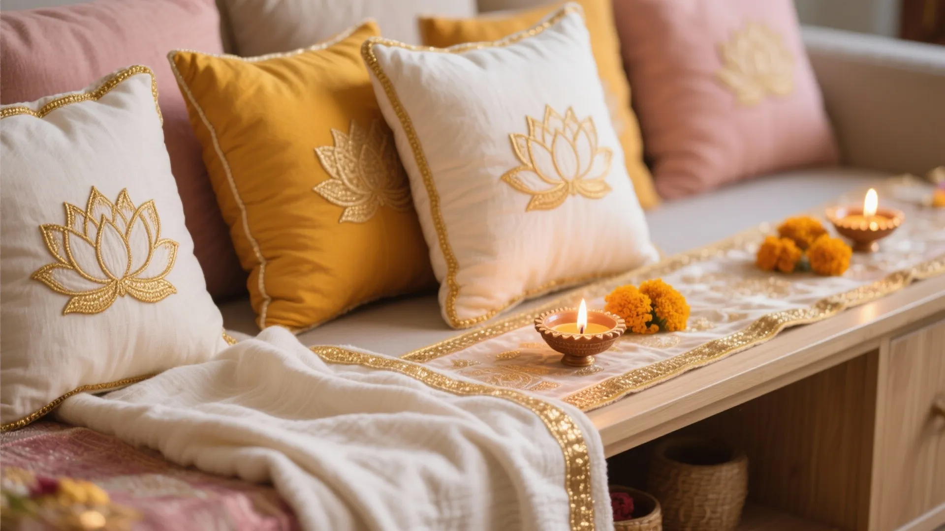 Macro of ivory and blush textiles with gold piping and lotus motif in soft daylight.